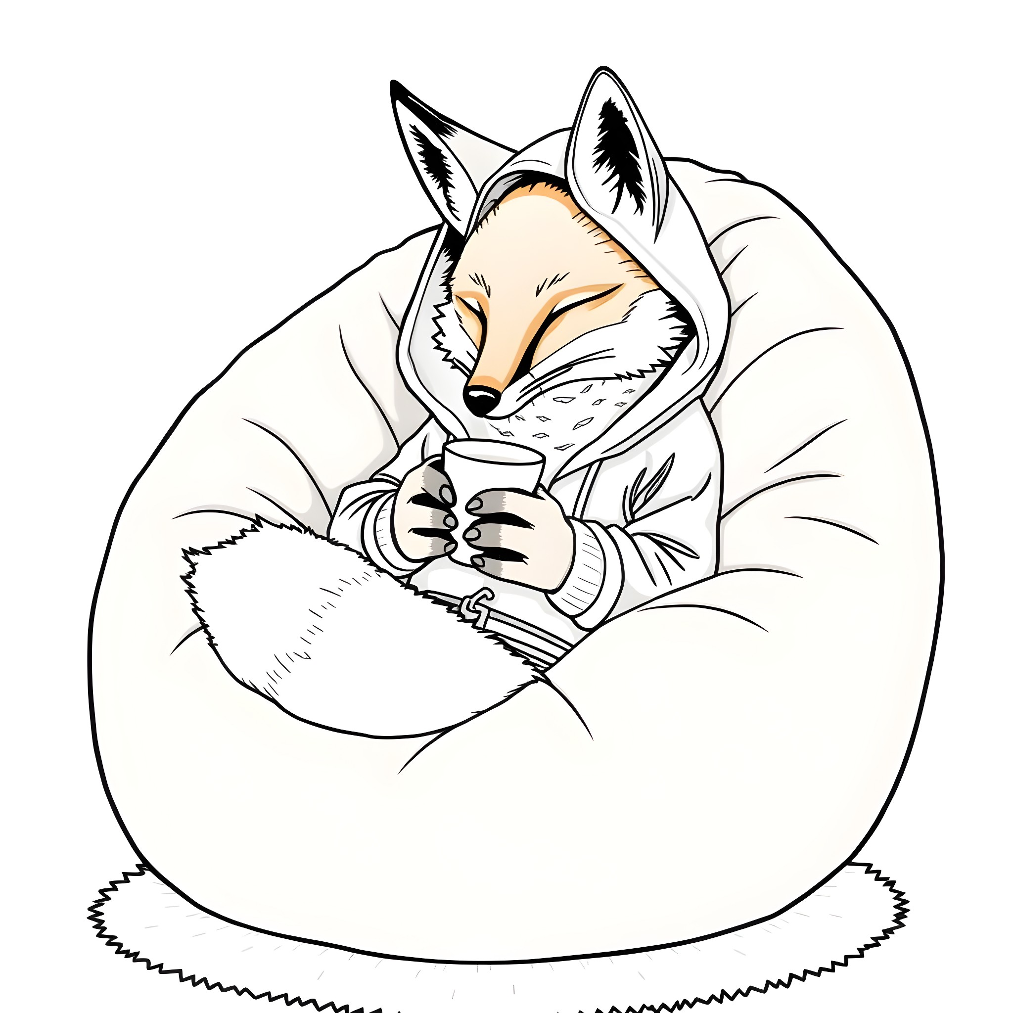 Fox enjoying a warm cozy rest in the forest Coloring Page (free black-and-white line drawing printable PDF for all, from beginners to advanced learners, including children, teens, adults, and seniors)