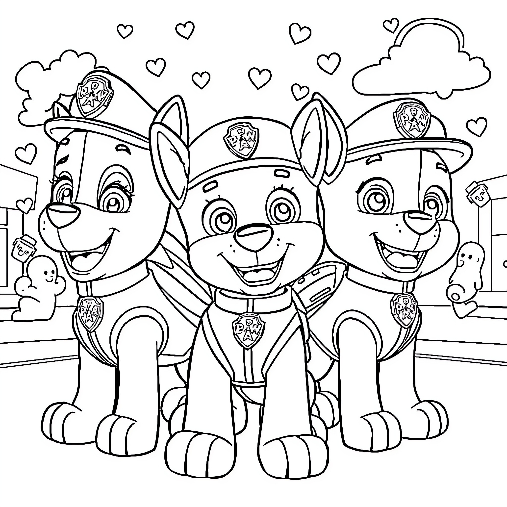 Paw Patrol Pups Happily Posing Together Coloring Page (free black-and-white line drawing printable PDF for all, from beginners to advanced learners, including children, teens, adults, and seniors)