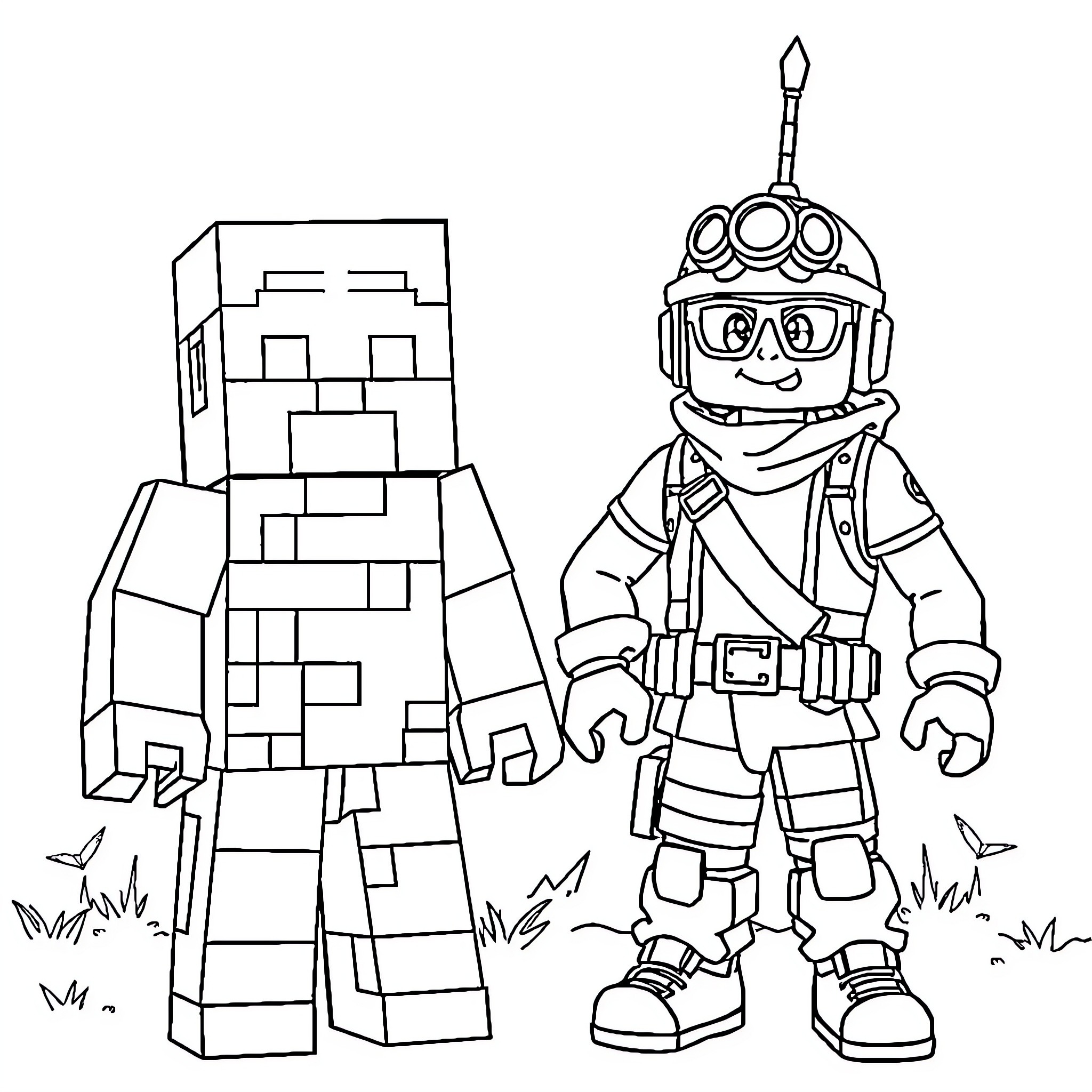 Minecraft Figure Exploring and Adventuring Coloring Page (free black-and-white line drawing printable PDF for all, from beginners to advanced learners, including children, teens, adults, and seniors)