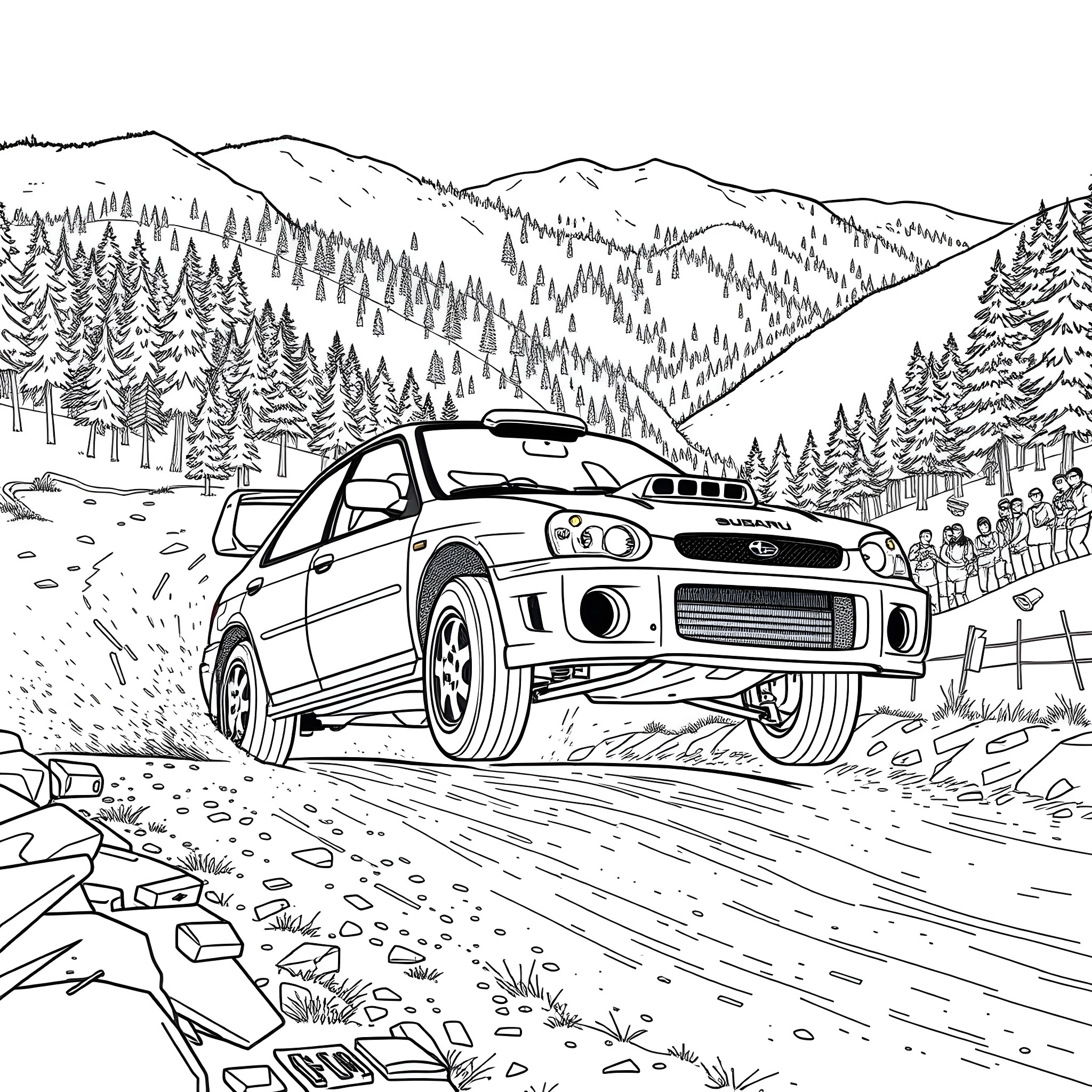 Subaru Rally Car Speeding Through Mountain Terrain Coloring Page (free black-and-white line drawing printable PDF for all, from beginners to advanced learners, including children, teens, adults, and seniors)