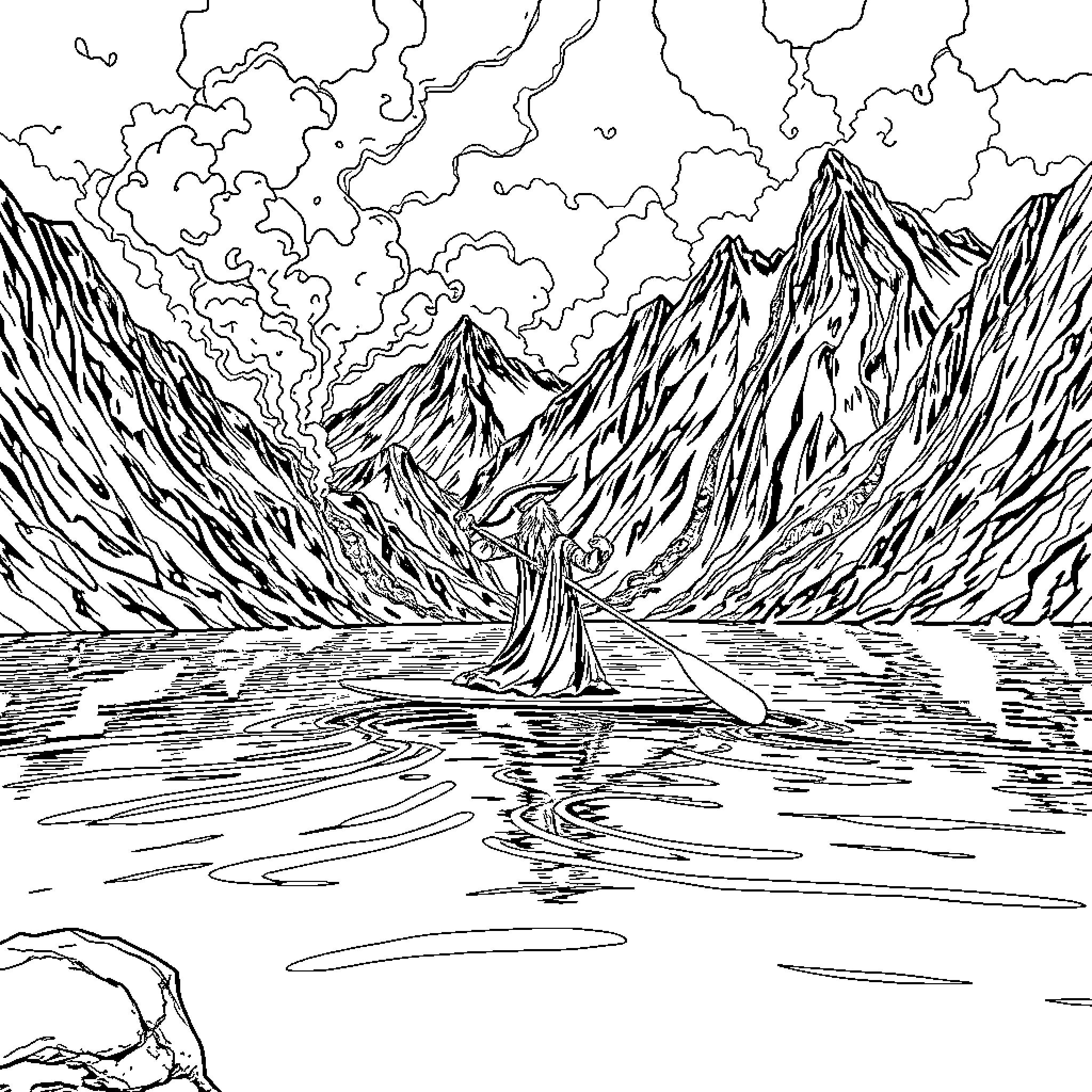 Wizard traversing mystical mountain landscape Coloring Page (free black-and-white line drawing printable PDF for all, from beginners to advanced learners, including children, teens, adults, and seniors)