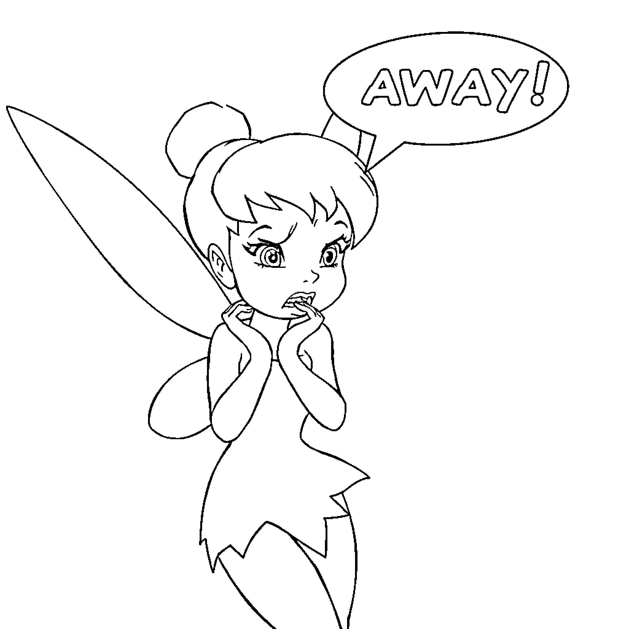 Tinkerbell exclaims 'Away!' with a worried expression Coloring Page (free black-and-white line drawing printable PDF for all, from beginners to advanced learners, including children, teens, adults, and seniors)