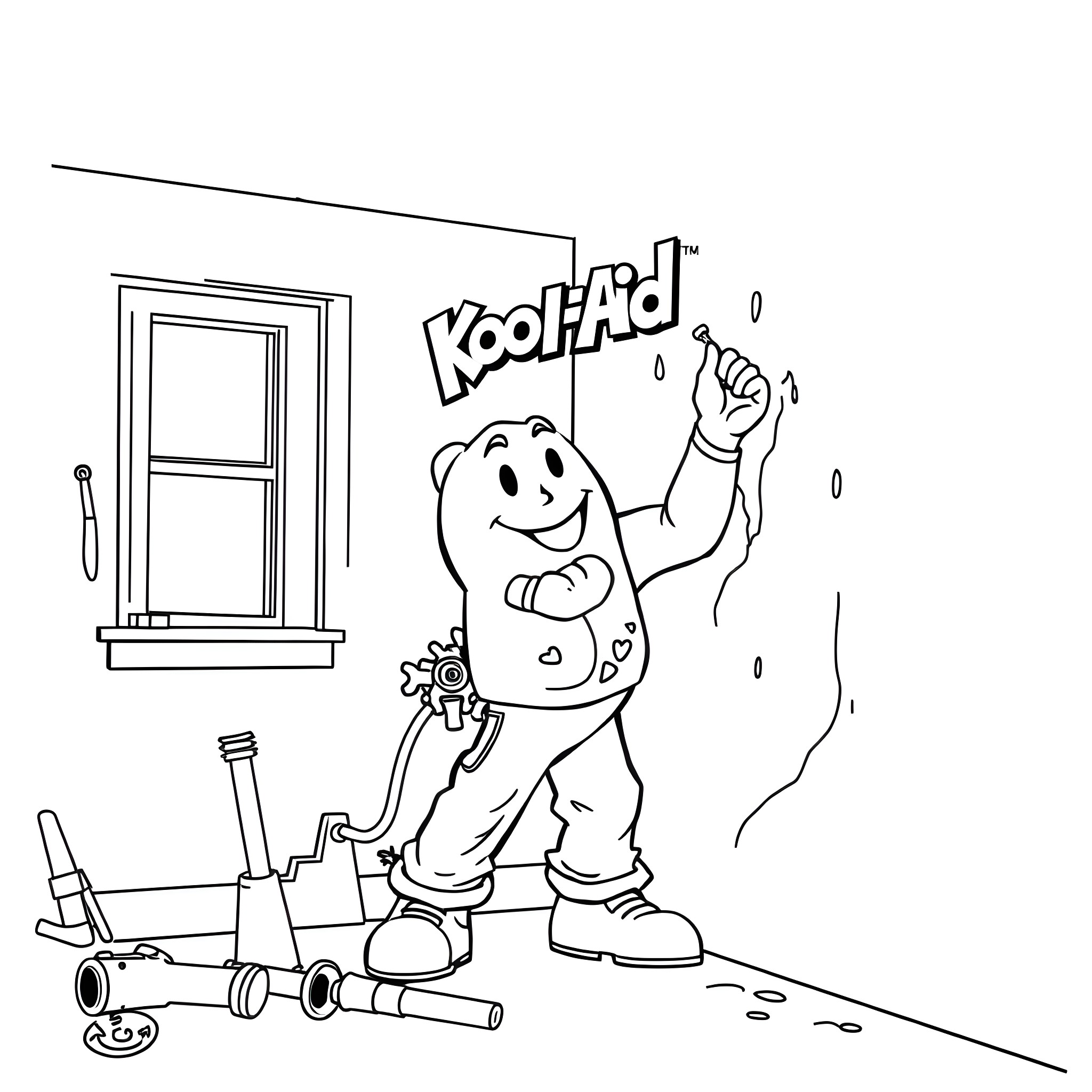 Koolaid Man's Playful Antics in the Room Coloring Page (free black-and-white line drawing printable PDF for all, from beginners to advanced learners, including children, teens, adults, and seniors)