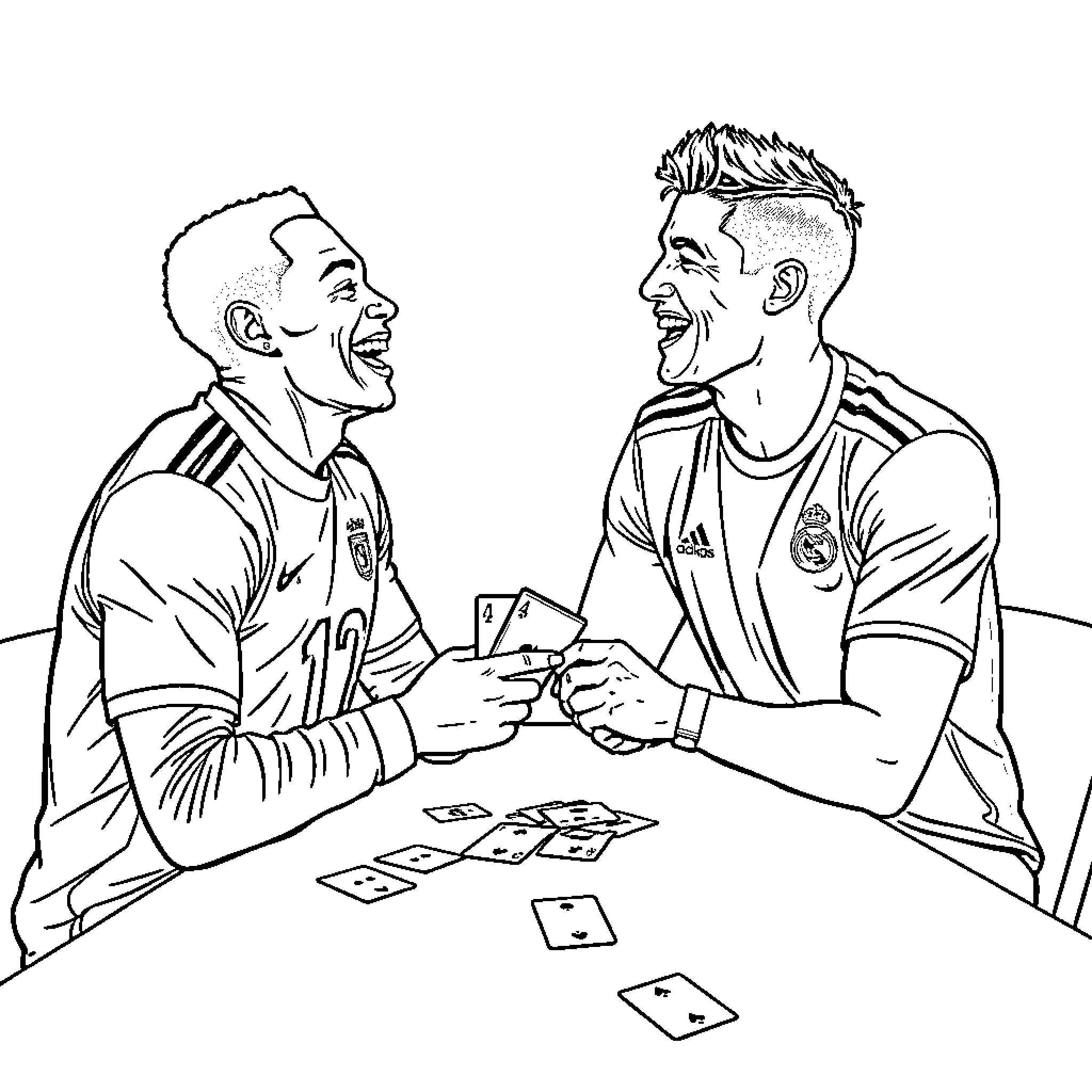 Mbappe and friend playing card game Coloring Page (free black-and-white line drawing printable PDF for all, from beginners to advanced learners, including children, teens, adults, and seniors)
