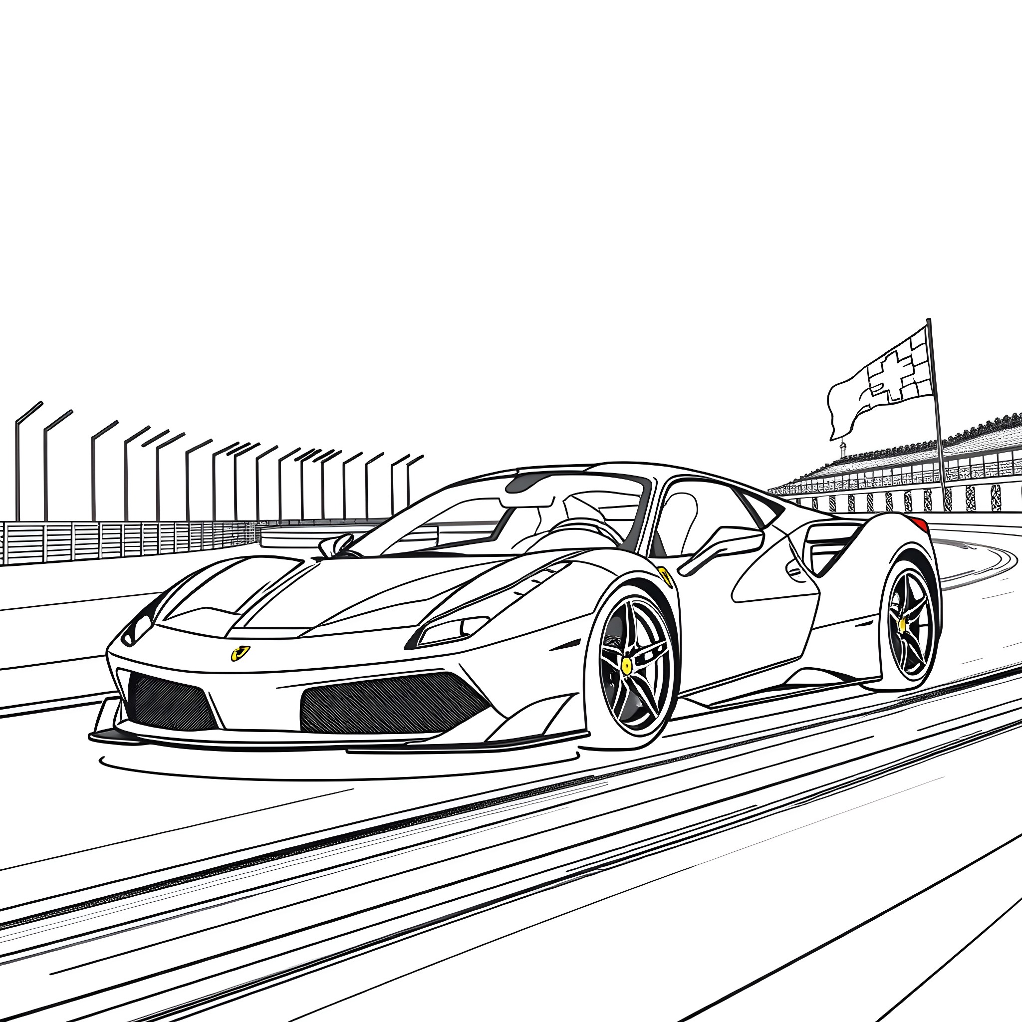 Ferrari Racing Supercar on the Track Coloring Page (free black-and-white line drawing printable PDF for all, from beginners to advanced learners, including children, teens, adults, and seniors)
