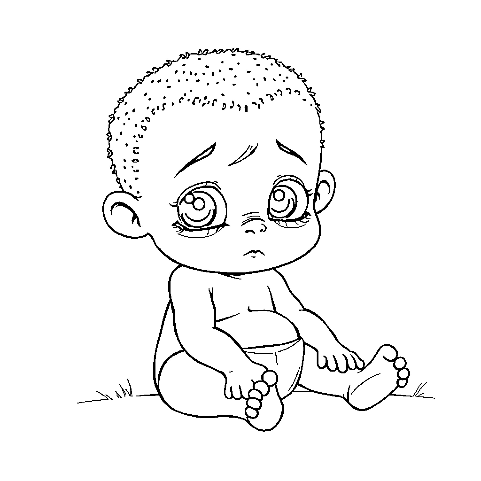 Baby sitting happily with big eyes Coloring Page (free black-and-white line drawing printable PDF for all, from beginners to advanced learners, including children, teens, adults, and seniors)