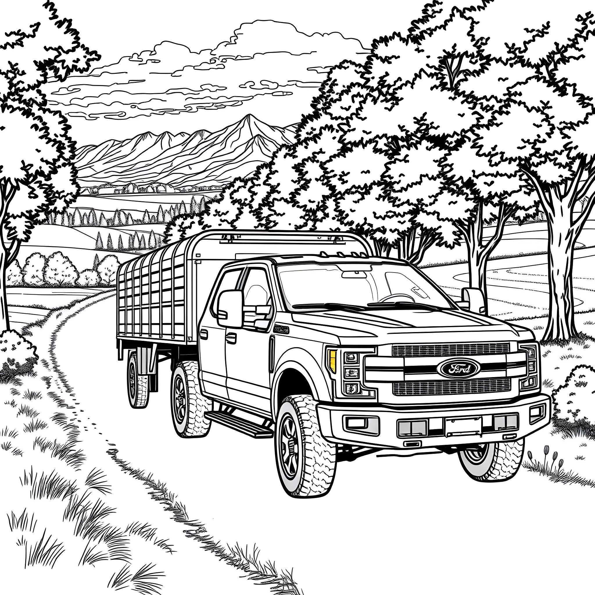 Pickup truck transporting goods on a rural road Coloring Page (free black-and-white line drawing printable PDF for all, from beginners to advanced learners, including children, teens, adults, and seniors)