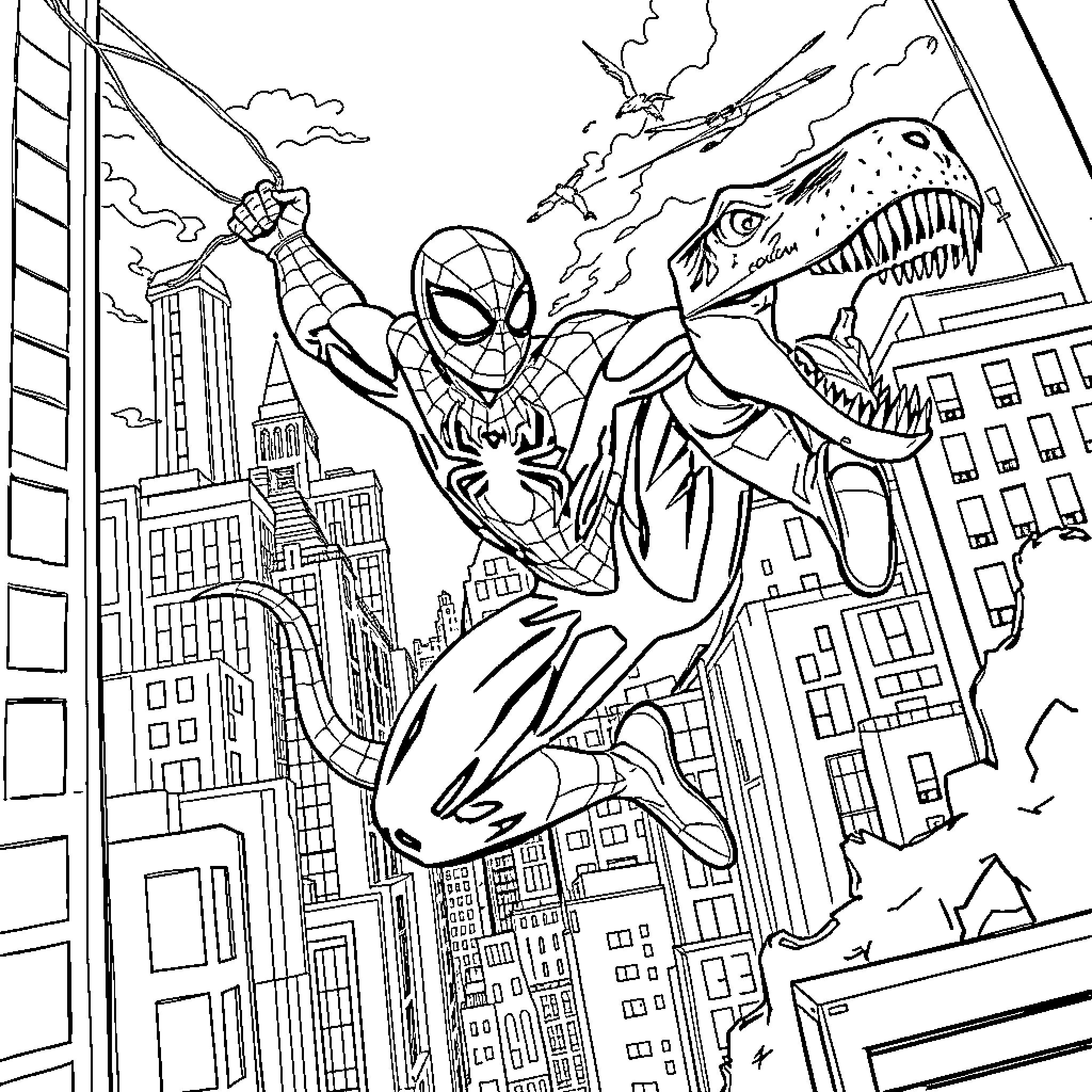 Spider-Man battles a giant dinosaur in the city Coloring Page (free black-and-white line drawing printable PDF for all, from beginners to advanced learners, including children, teens, adults, and seniors)