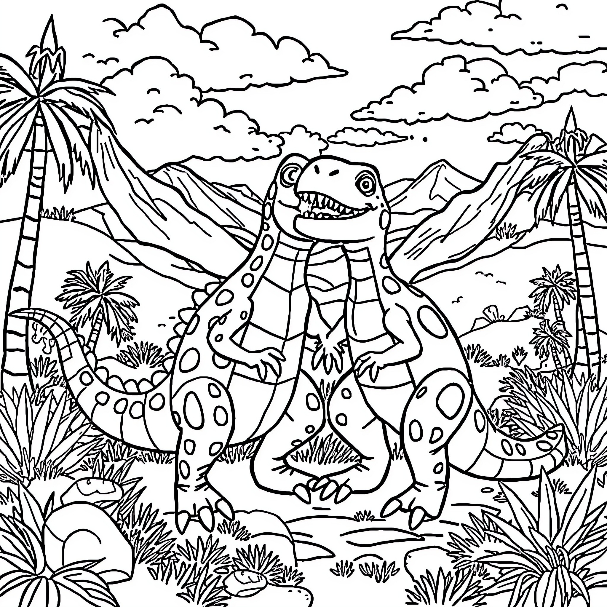 Paw Patrol Dinosaurs Adventure in Tropical Landscape Coloring Page (free black-and-white line drawing printable PDF for all, from beginners to advanced learners, including children, teens, adults, and seniors)