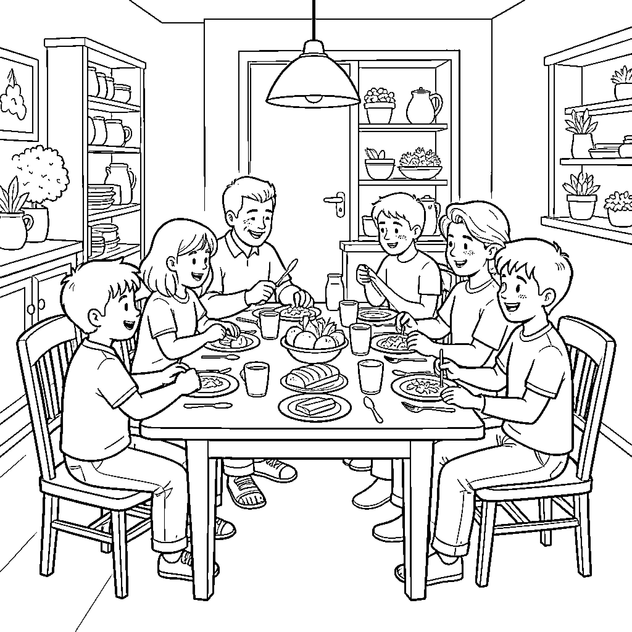 Family enjoying a meal together around the dining table Coloring Page (free black-and-white line drawing printable PDF for all, from beginners to advanced learners, including children, teens, adults, and seniors)