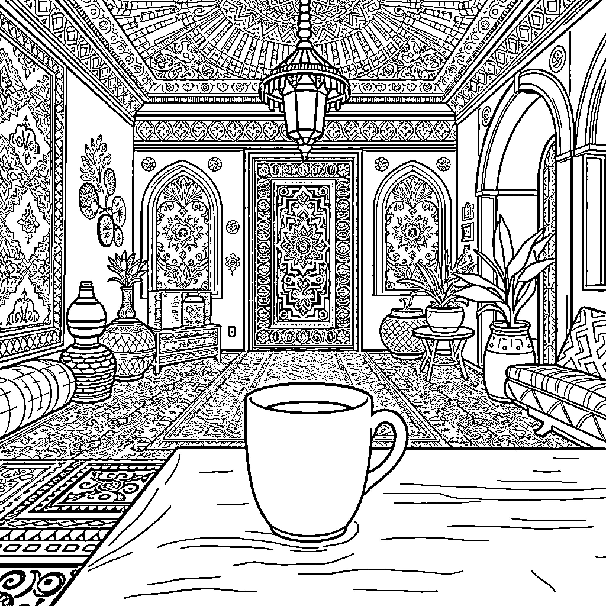 Coffee Mug in Ornate Middle Eastern Interior Coloring Page (free black-and-white line drawing printable PDF for all, from beginners to advanced learners, including children, teens, adults, and seniors)