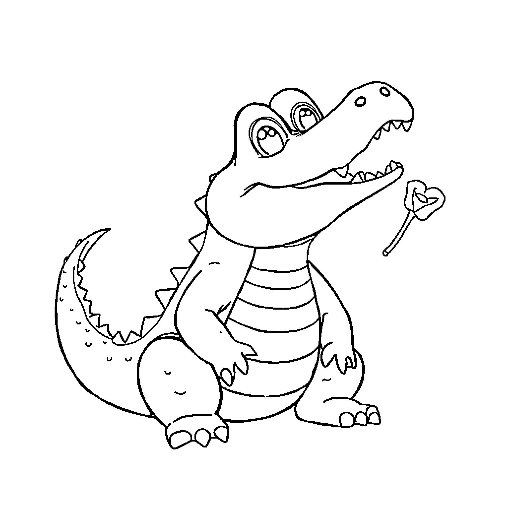 Crocodile having fun with a lollipop Coloring Page (free black-and-white line drawing printable PDF for all, from beginners to advanced learners, including children, teens, adults, and seniors)