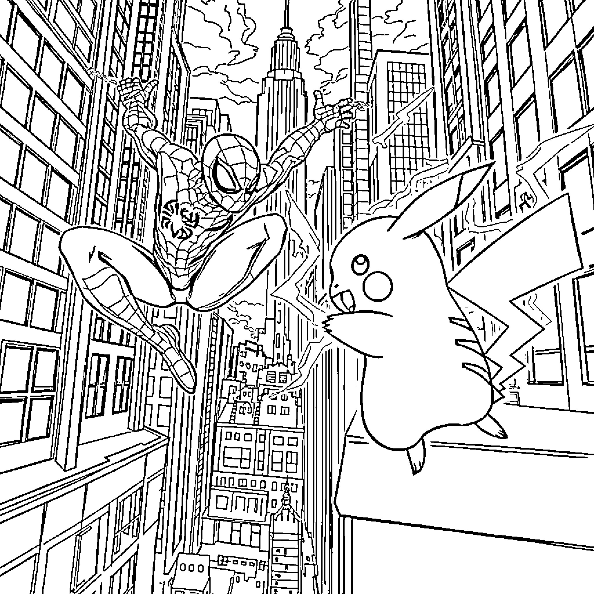 Spiderman swinging through the city with Pikachu Coloring Page (free black-and-white line drawing printable PDF for all, from beginners to advanced learners, including children, teens, adults, and seniors)