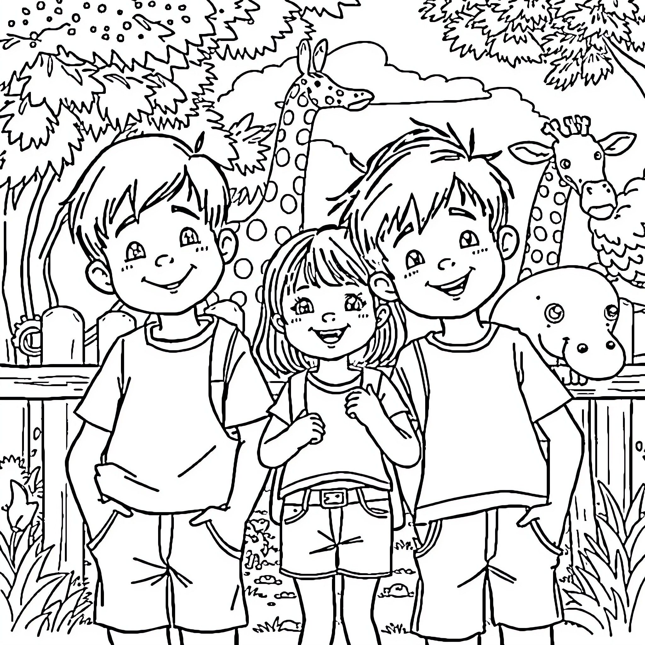 Children Exploring the Enchanted Forest Coloring Page (free black-and-white line drawing printable PDF for all, from beginners to advanced learners, including children, teens, adults, and seniors)