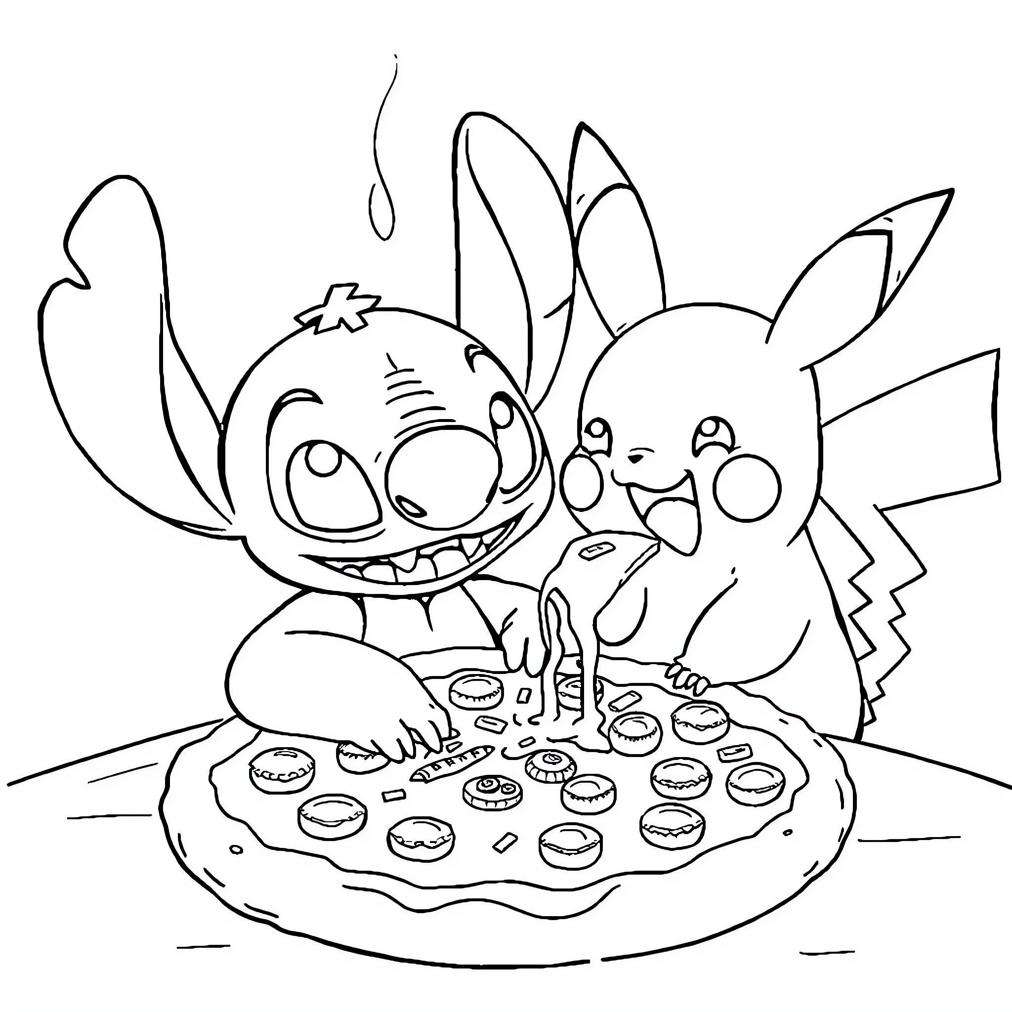 Stitch and Pikachu Sharing a Snack Coloring Page (free black-and-white line drawing printable PDF for all, from beginners to advanced learners, including children, teens, adults, and seniors)