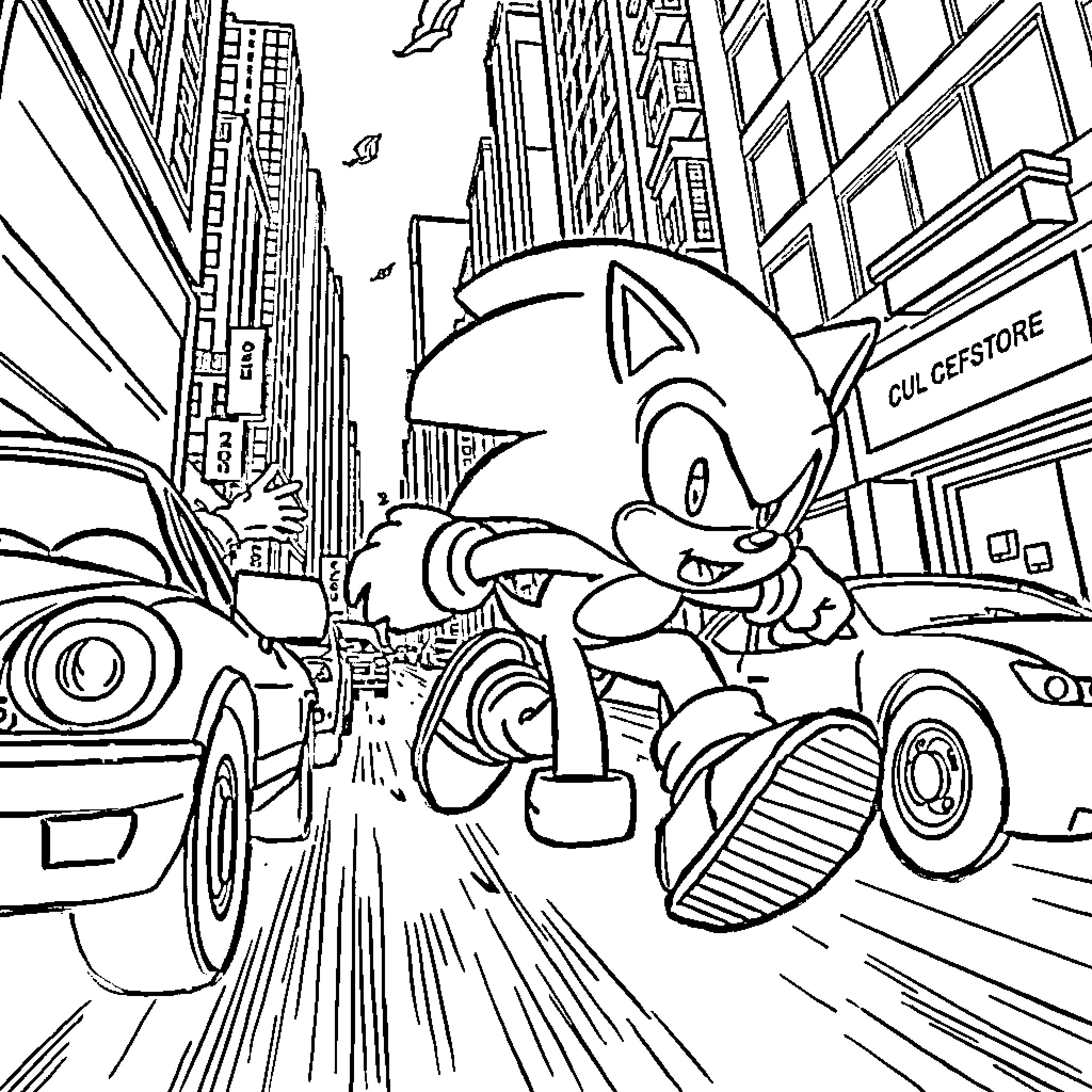Sonic's Speedy Adventure in the City Coloring Page (free black-and-white line drawing printable PDF for all, from beginners to advanced learners, including children, teens, adults, and seniors)