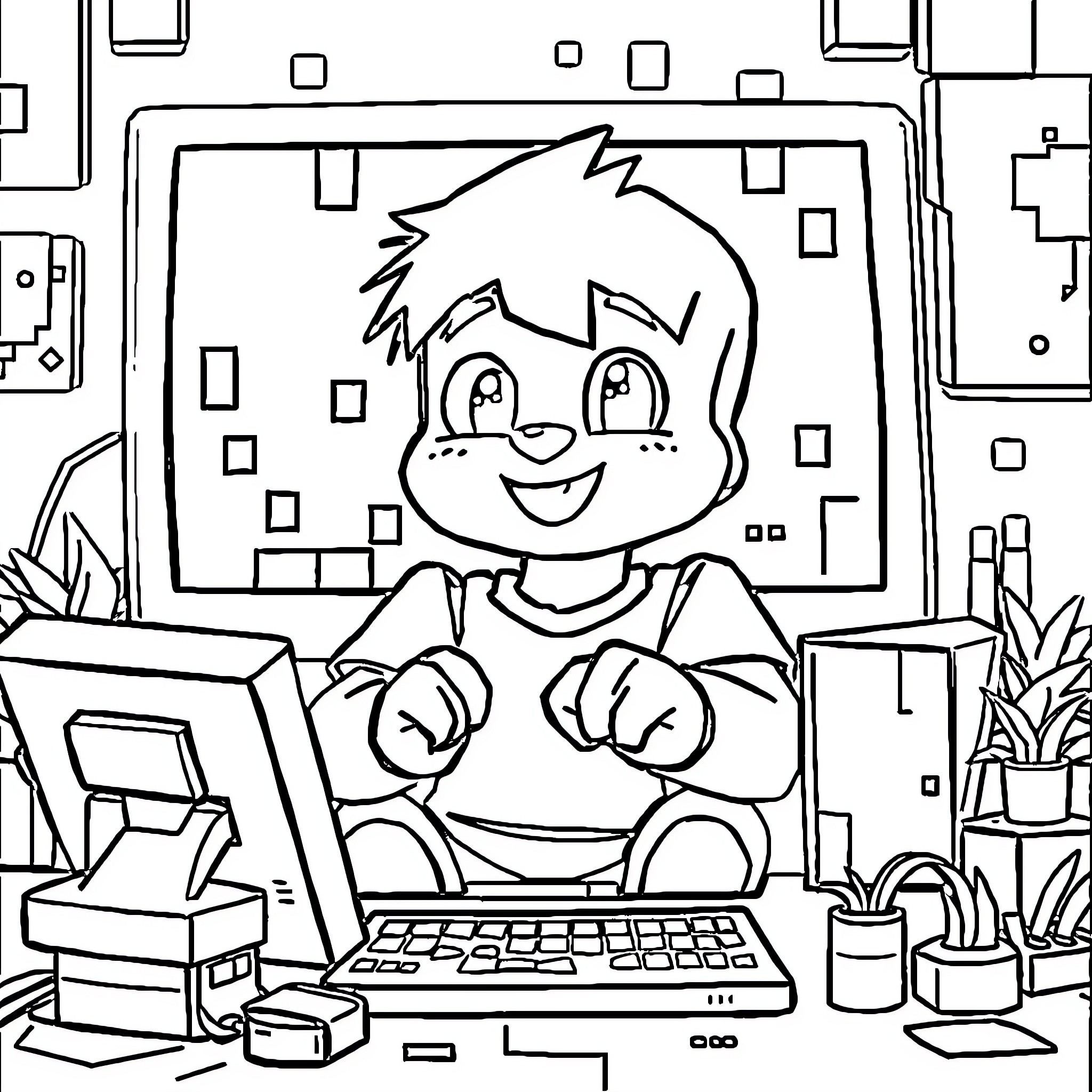Sprunki working enthusiastically on computer Coloring Page (free black-and-white line drawing printable PDF for all, from beginners to advanced learners, including children, teens, adults, and seniors)