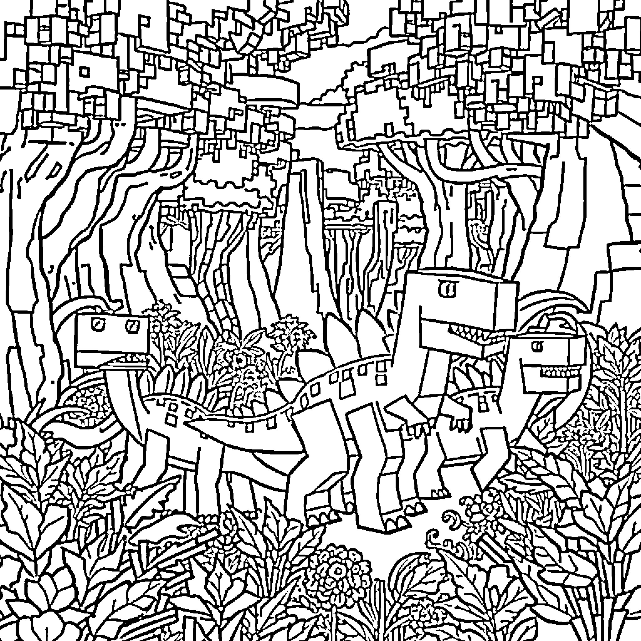 Dinosaurs exploring a whimsical landscape Coloring Page (free black-and-white line drawing printable PDF for all, from beginners to advanced learners, including children, teens, adults, and seniors)