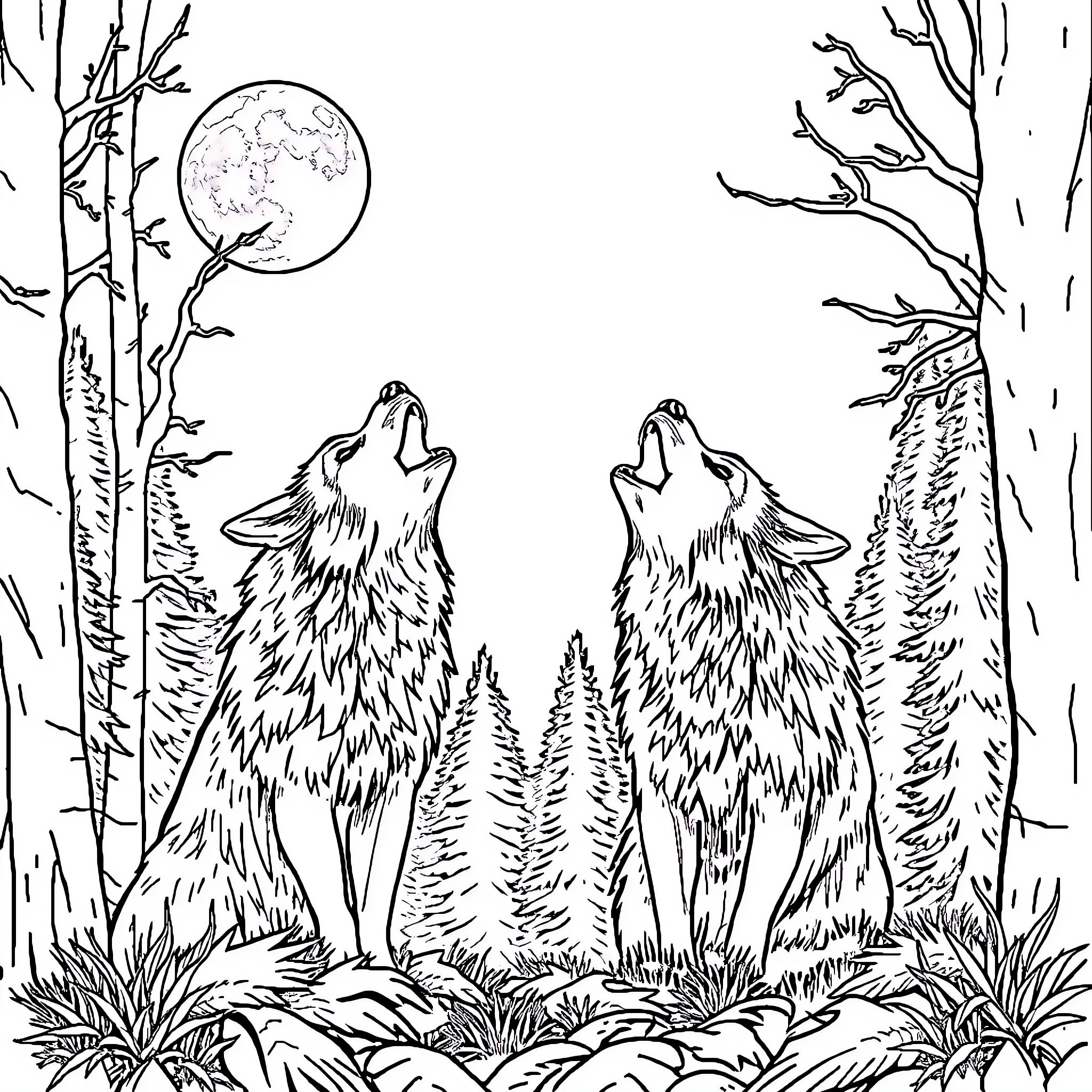 Werewolf duo howling at the moon in the forest Coloring Page (free black-and-white line drawing printable PDF for all, from beginners to advanced learners, including children, teens, adults, and seniors)