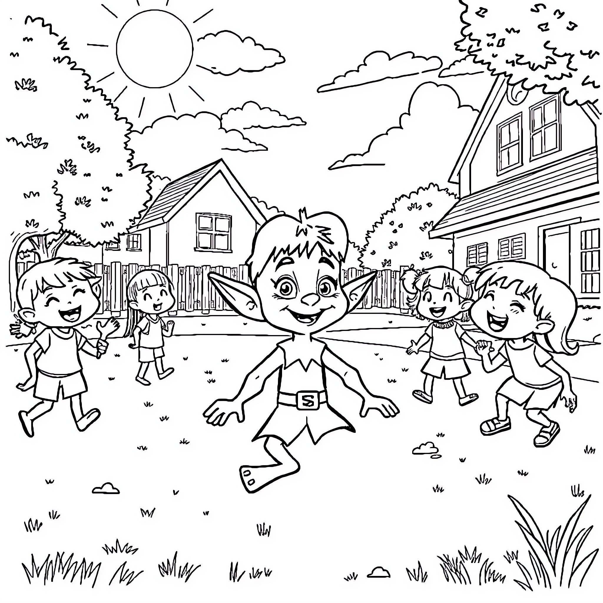 Dobby and Friends Enjoying Outdoor Adventure Coloring Page (free black-and-white line drawing printable PDF for all, from beginners to advanced learners, including children, teens, adults, and seniors)