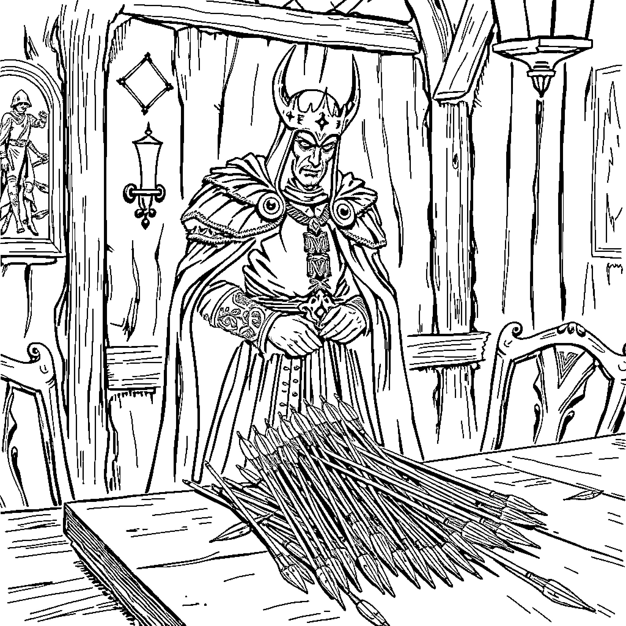Vlad the Impaler in his dark, foreboding castle Coloring Page (free black-and-white line drawing printable PDF for all, from beginners to advanced learners, including children, teens, adults, and seniors)