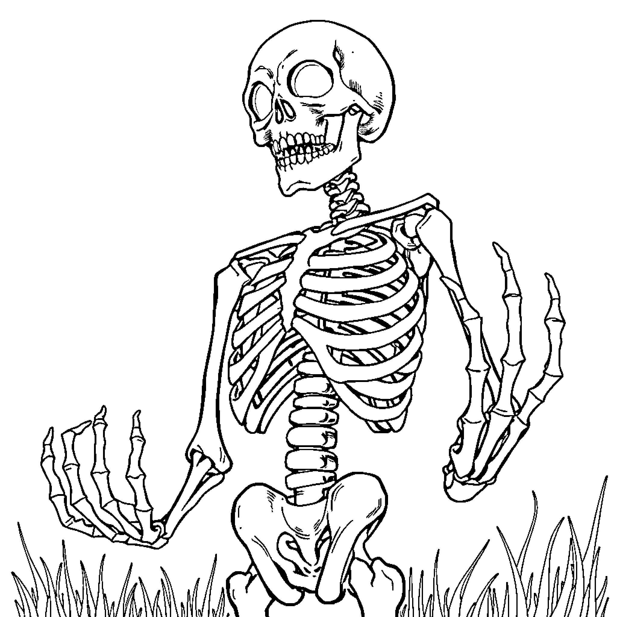 Skeleton enjoying the outdoors Coloring Page (free black-and-white line drawing printable PDF for all, from beginners to advanced learners, including children, teens, adults, and seniors)