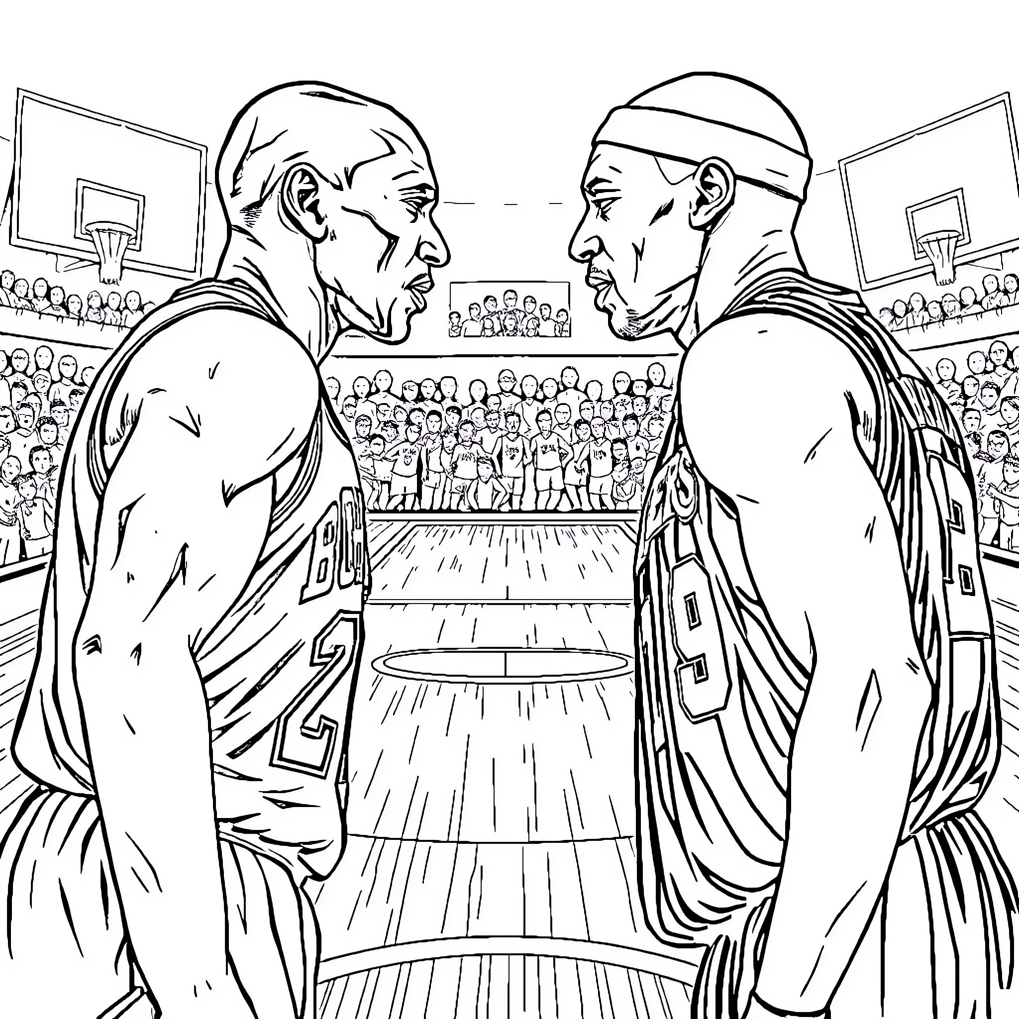 Michael Jordan Facing Off Against Rival Player on Basketball Court Coloring Page (free black-and-white line drawing printable PDF for all, from beginners to advanced learners, including children, teens, adults, and seniors)