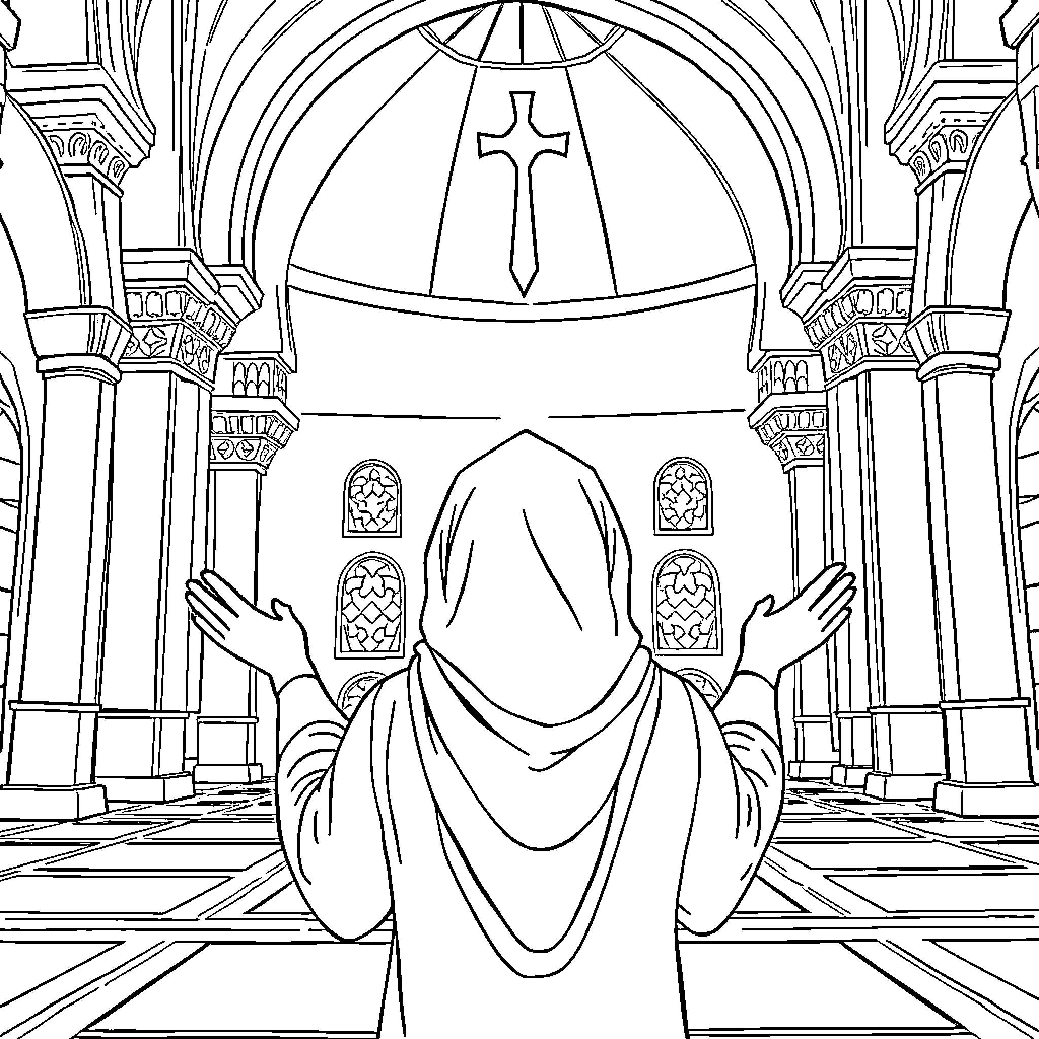 Muslim Woman Praying in a Religious Sanctuary Coloring Page (free black-and-white line drawing printable PDF for all, from beginners to advanced learners, including children, teens, adults, and seniors)