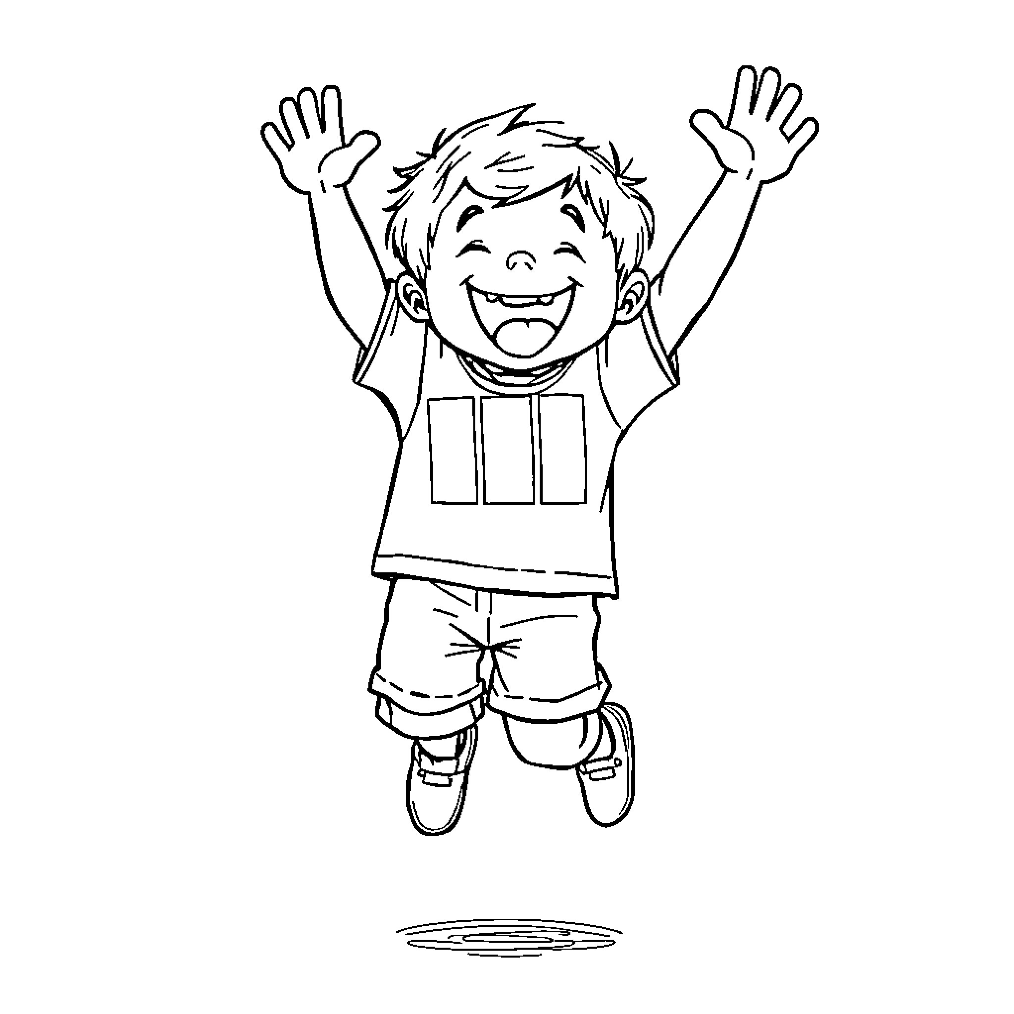 Child joyfully jumping with hands raised Coloring Page (free black-and-white line drawing printable PDF for all, from beginners to advanced learners, including children, teens, adults, and seniors)