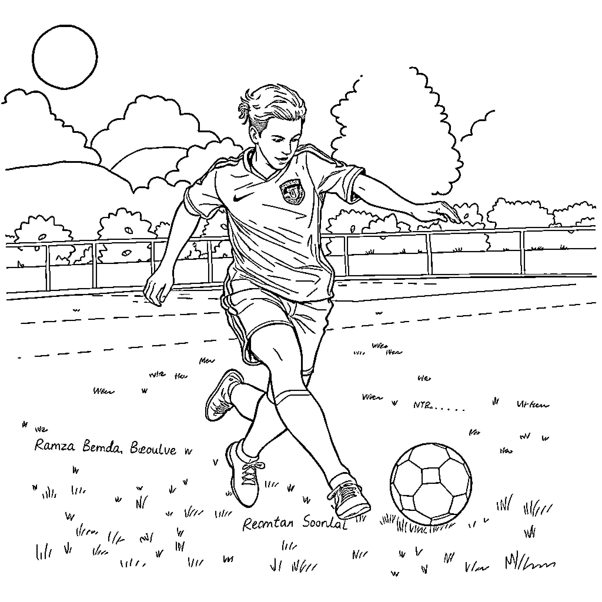 Ramza Beoulve playing soccer on the field Coloring Page (free black-and-white line drawing printable PDF for all, from beginners to advanced learners, including children, teens, adults, and seniors)