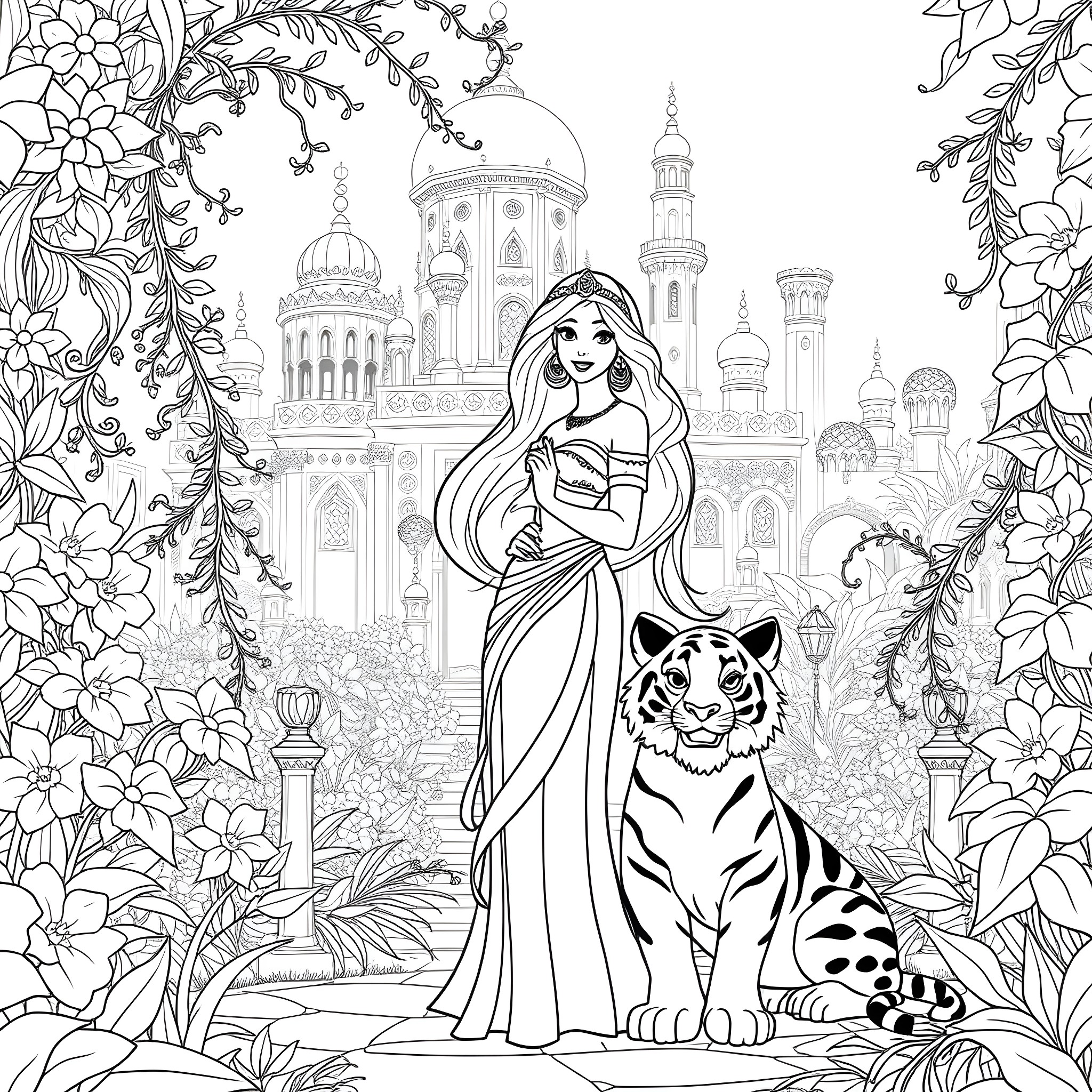 Jasmine's Dream: A Magical Garden Adventure Coloring Page (free black-and-white line drawing printable PDF for all, from beginners to advanced learners, including children, teens, adults, and seniors)