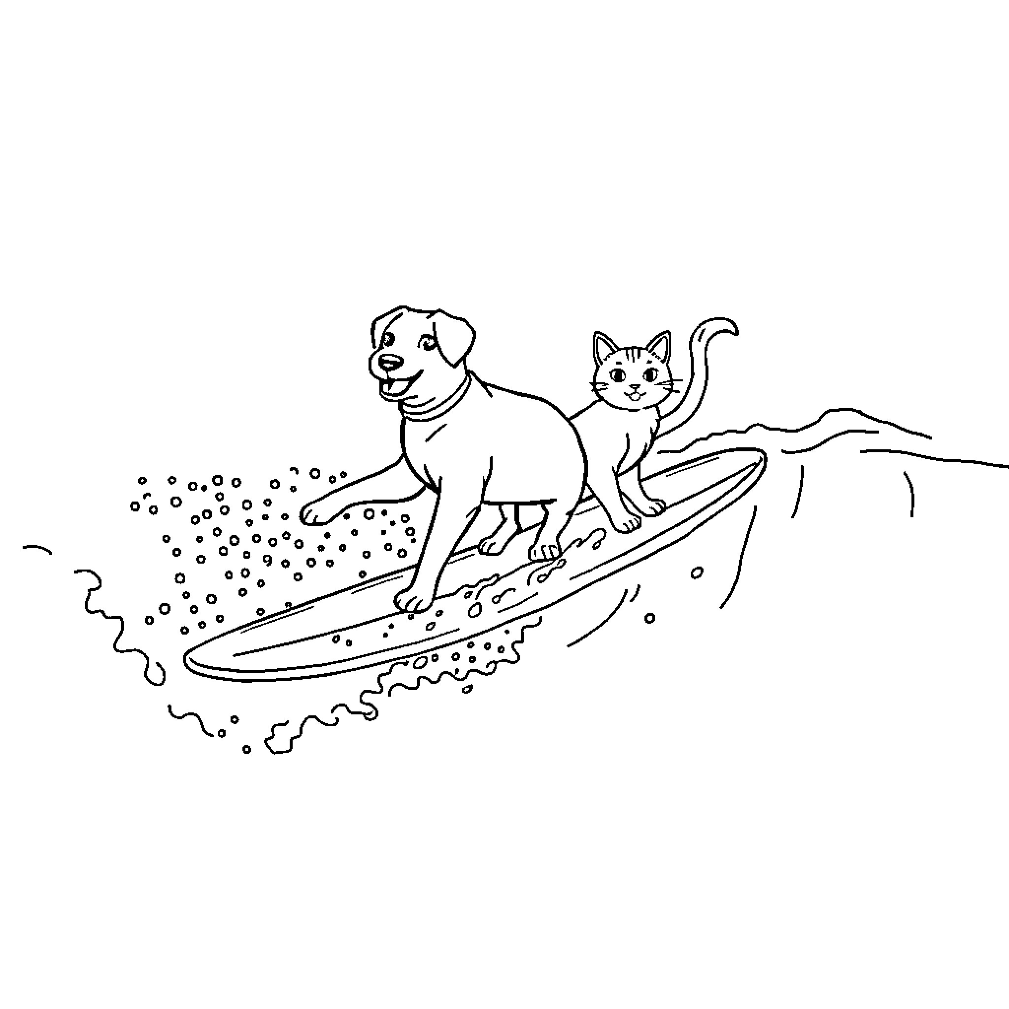 Dog and Cat Surfing Together on a Wave Coloring Page (free black-and-white line drawing printable PDF for all, from beginners to advanced learners, including children, teens, adults, and seniors)