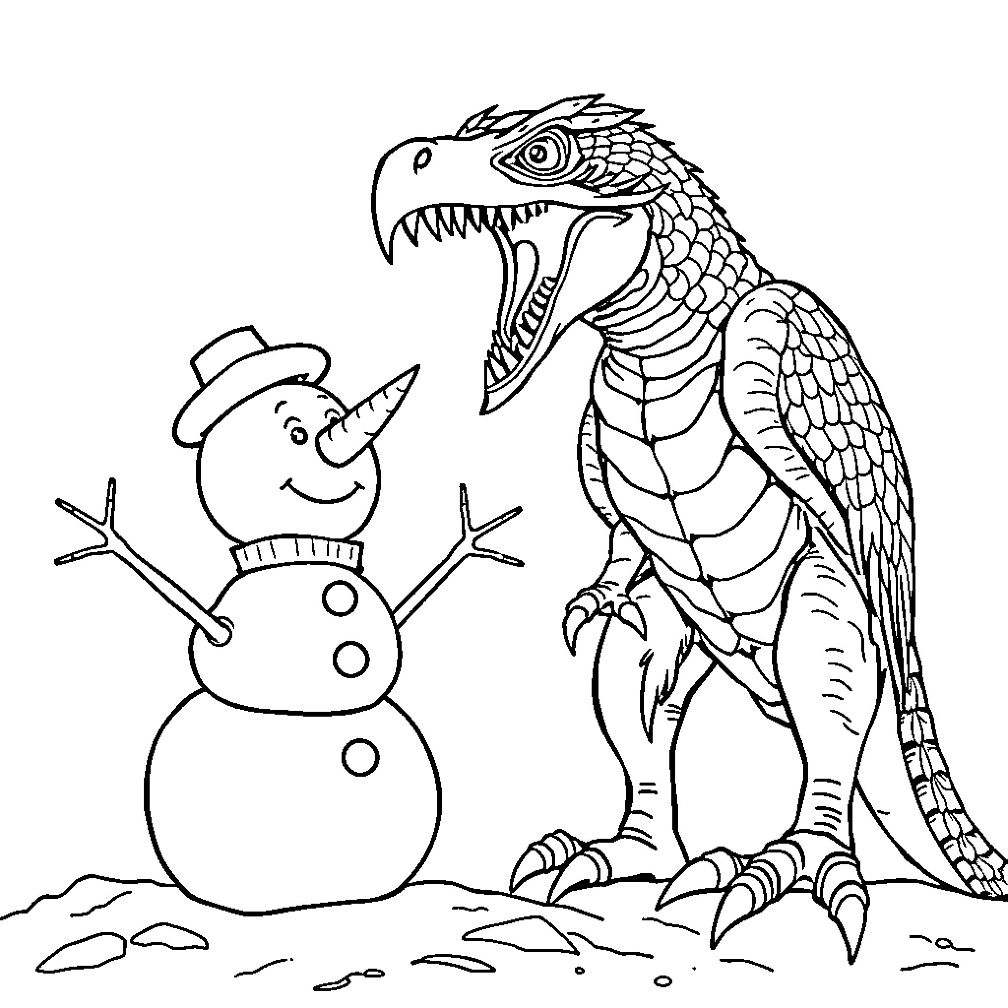 Snowman and Fearsome Dragon in Winter Scene Coloring Page (free black-and-white line drawing printable PDF for all, from beginners to advanced learners, including children, teens, adults, and seniors)