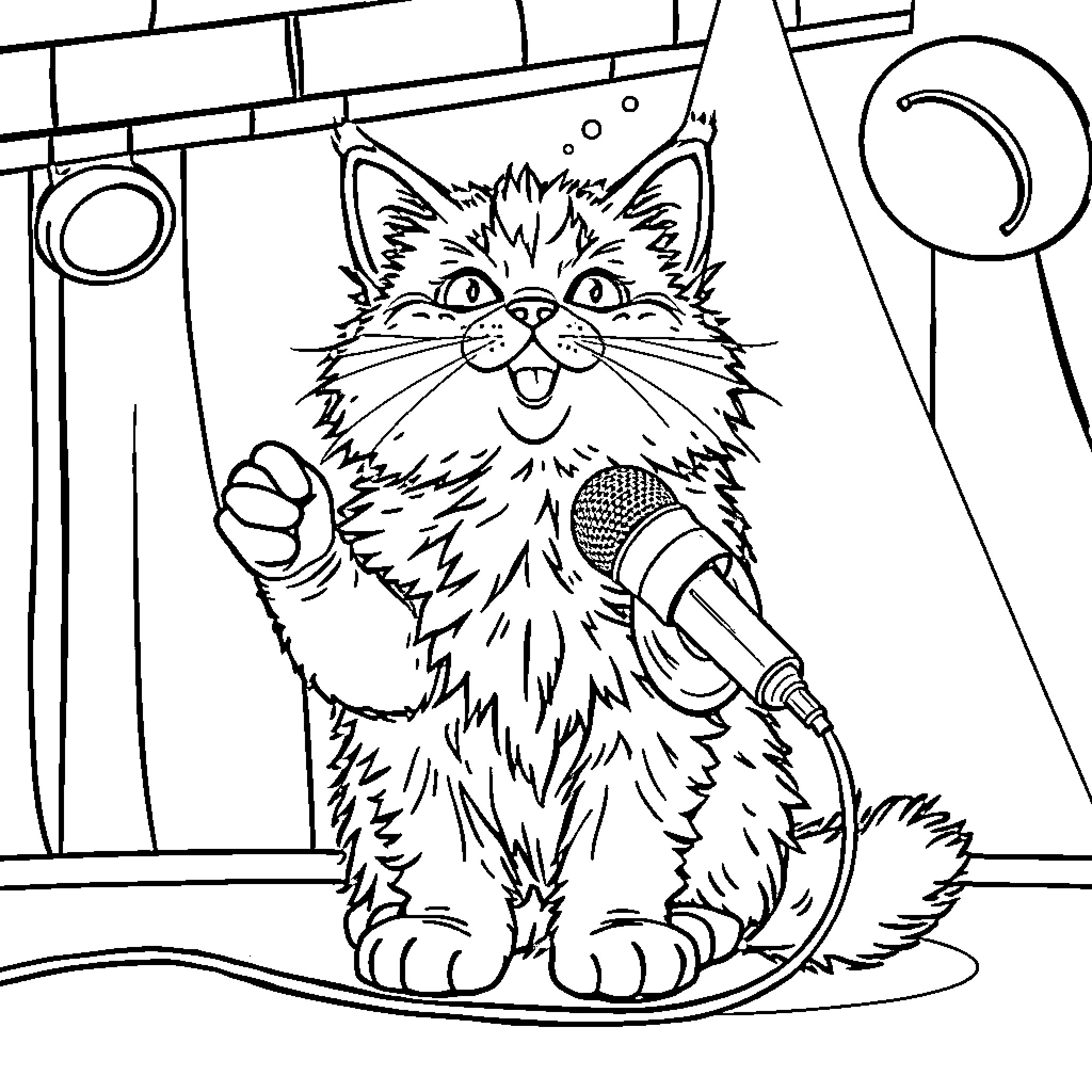 Cat Singing Joyfully on Stage Coloring Page (free black-and-white line drawing printable PDF for all, from beginners to advanced learners, including children, teens, adults, and seniors)