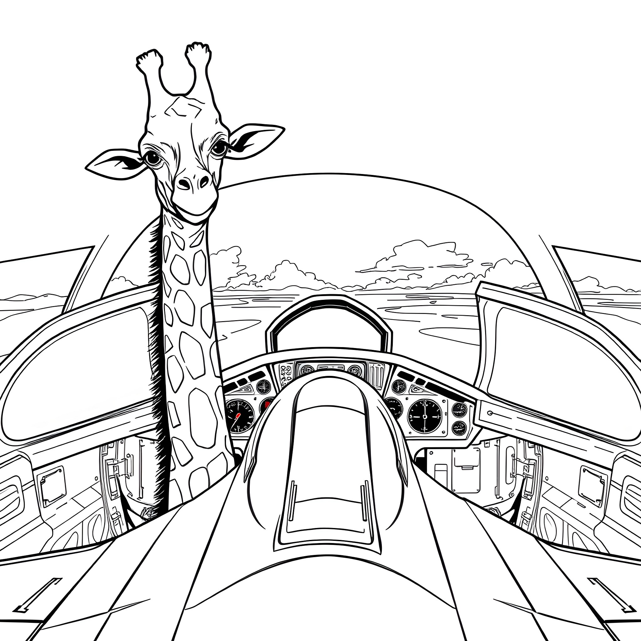 Giraffe in the Cockpit of a Plane Coloring Page (free black-and-white line drawing printable PDF for all, from beginners to advanced learners, including children, teens, adults, and seniors)