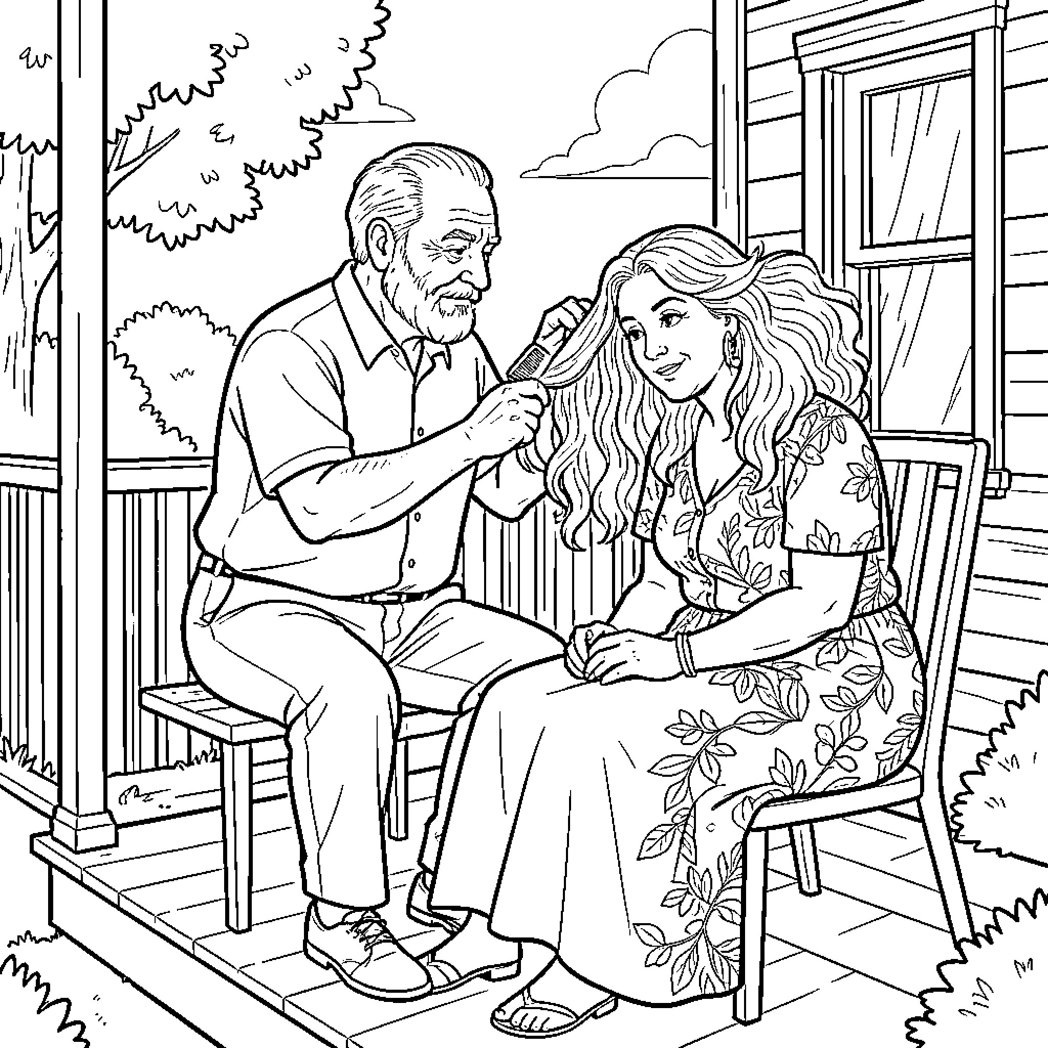 Grandpa brushing long hair of a young woman Coloring Page (free black-and-white line drawing printable PDF for all, from beginners to advanced learners, including children, teens, adults, and seniors)