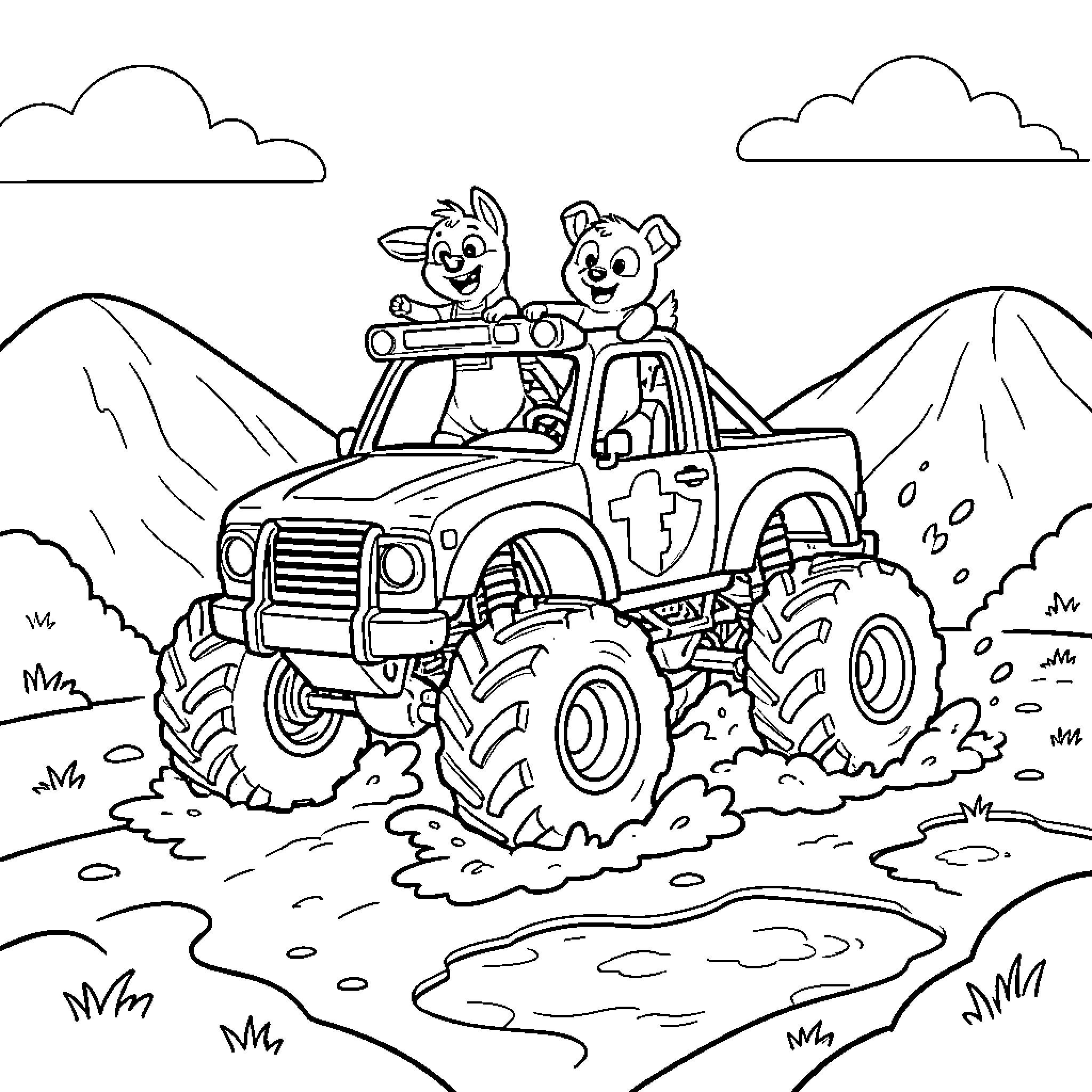 Bluey and Bingo's Off-Road Adventure Coloring Page (free black-and-white line drawing printable PDF for all, from beginners to advanced learners, including children, teens, adults, and seniors)