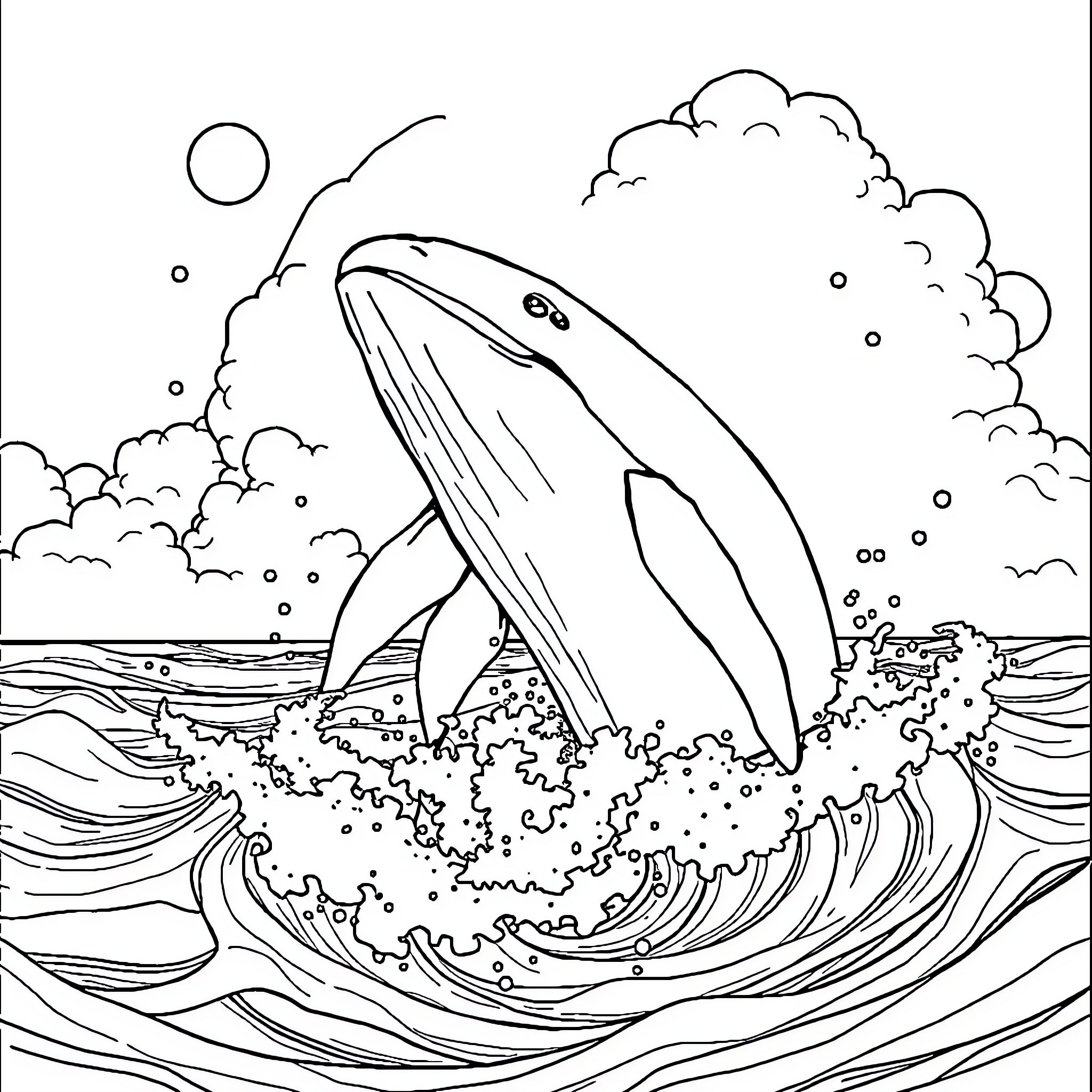Whale Breaching the Waves with Splashing Water Coloring Page (free black-and-white line drawing printable PDF for all, from beginners to advanced learners, including children, teens, adults, and seniors)