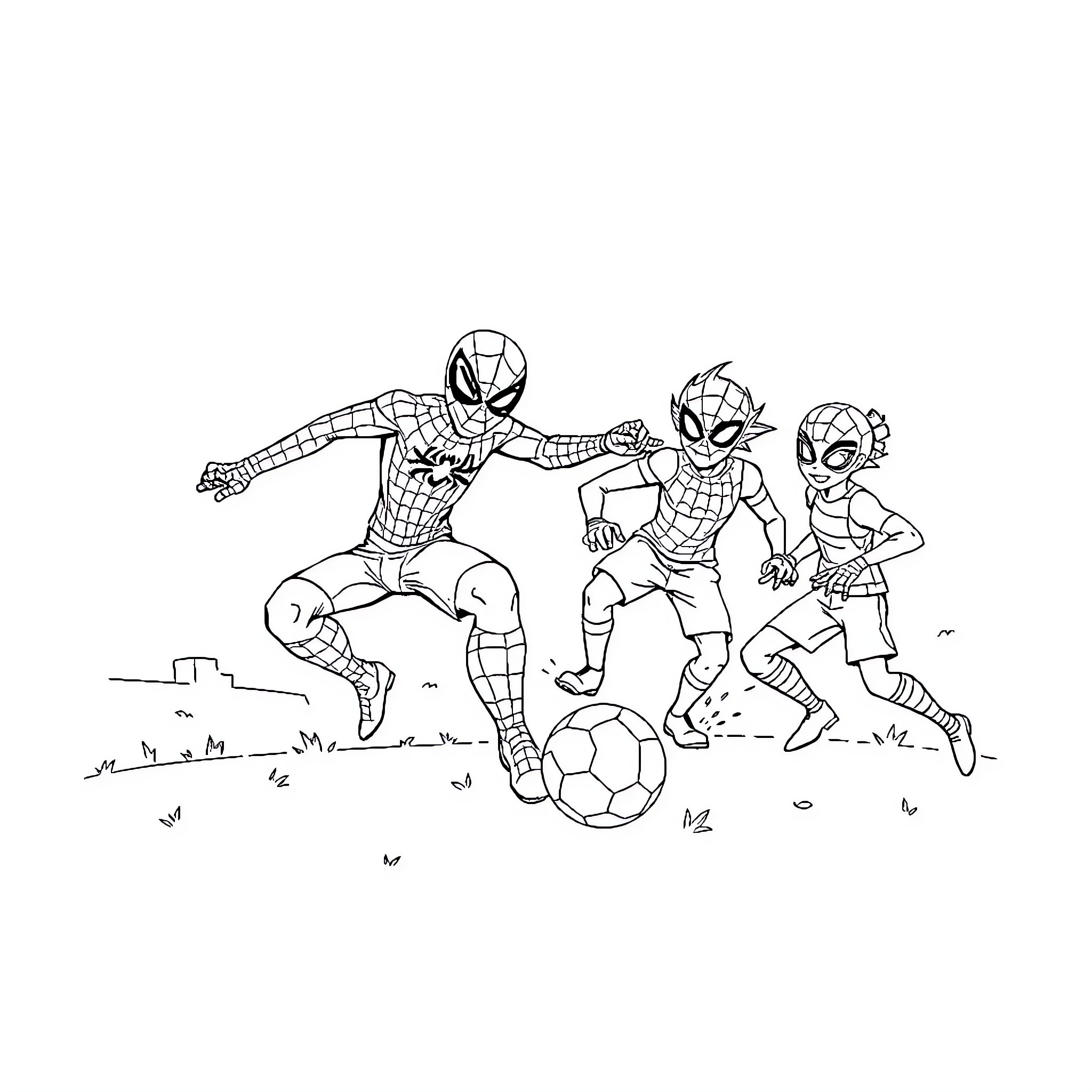 Spider-Man and friends playing soccer on field Coloring Page (free black-and-white line drawing printable PDF for all, from beginners to advanced learners, including children, teens, adults, and seniors)