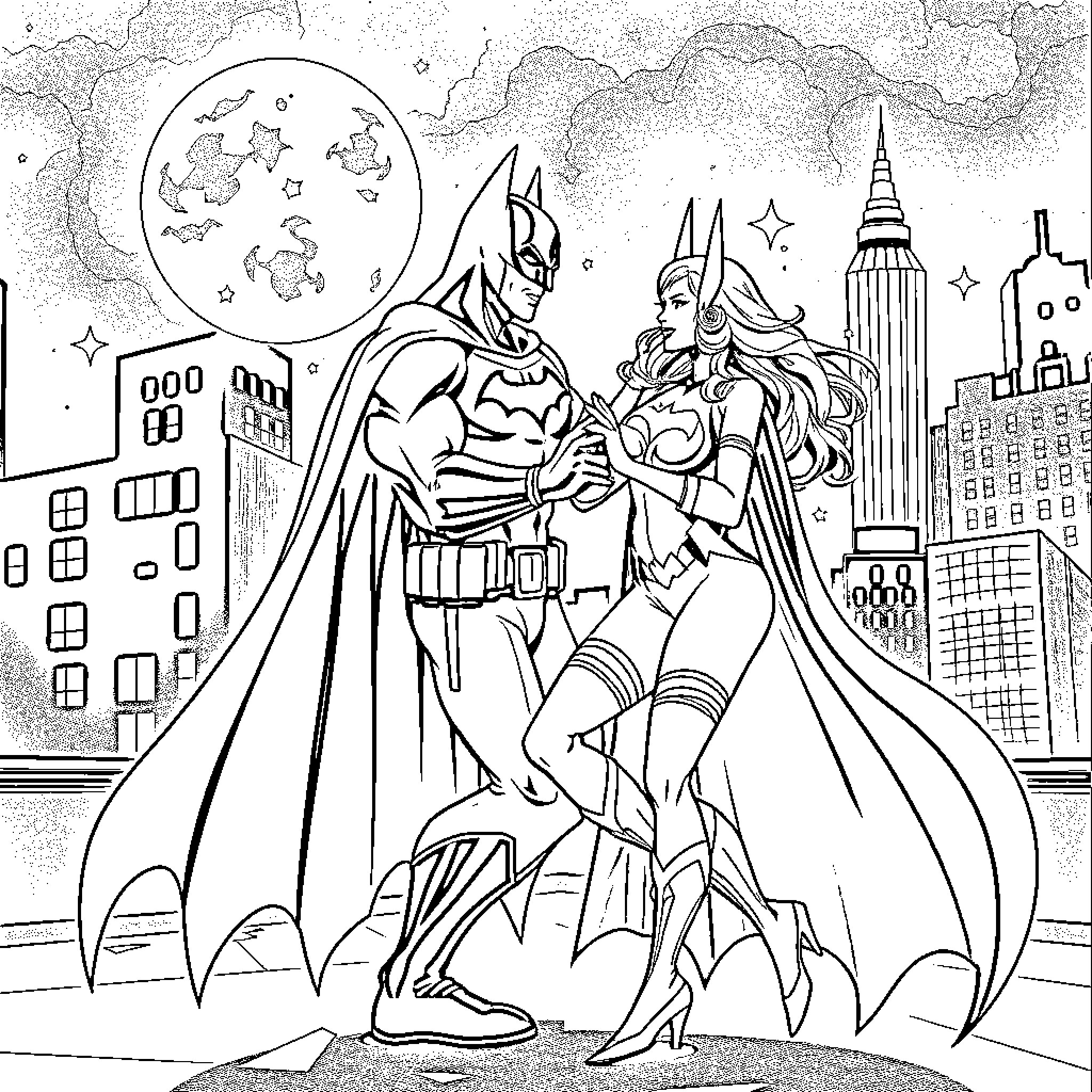 Batman and Batgirl Heroically Patrol the City Coloring Page (free black-and-white line drawing printable PDF for all, from beginners to advanced learners, including children, teens, adults, and seniors)