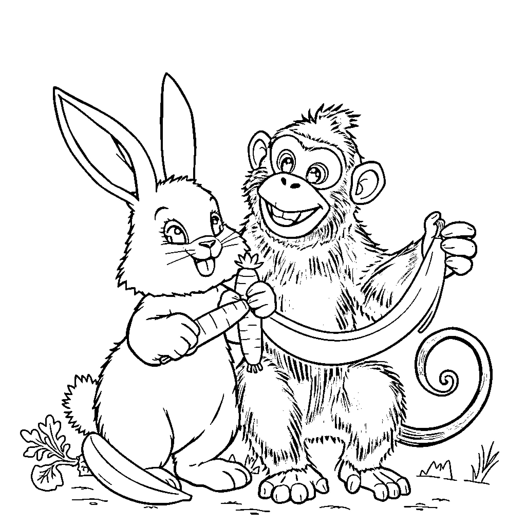 Bunny and Monkey Enjoying Each Other's Company Coloring Page (free black-and-white line drawing printable PDF for all, from beginners to advanced learners, including children, teens, adults, and seniors)
