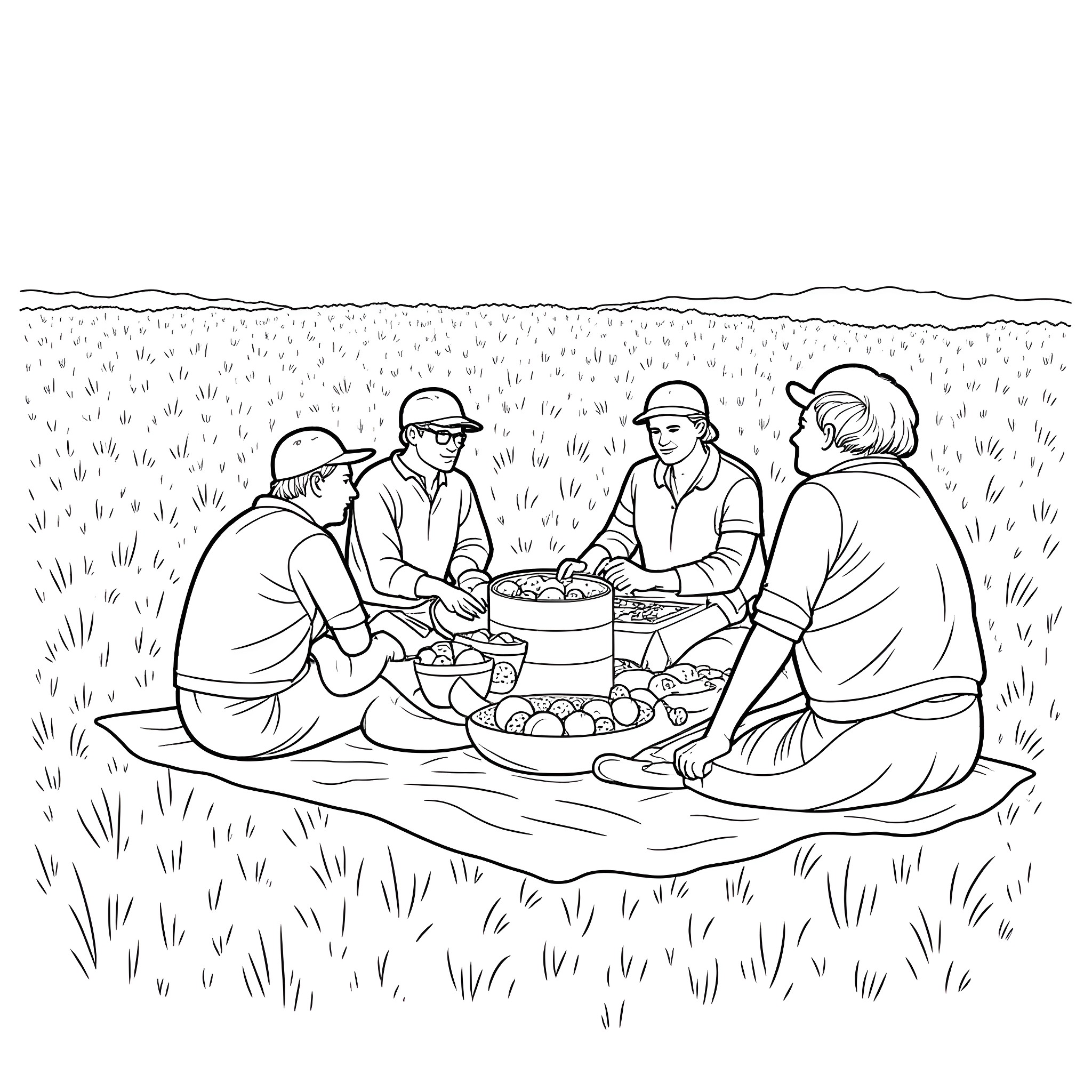 Watermelon picnic in the countryside Coloring Page (free black-and-white line drawing printable PDF for all, from beginners to advanced learners, including children, teens, adults, and seniors)