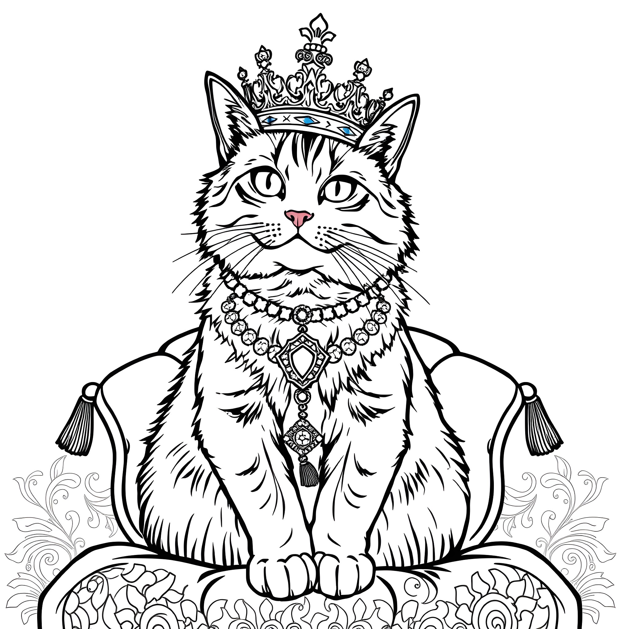 Cat royalty adorned in crown and jewels Coloring Page (free black-and-white line drawing printable PDF for all, from beginners to advanced learners, including children, teens, adults, and seniors)