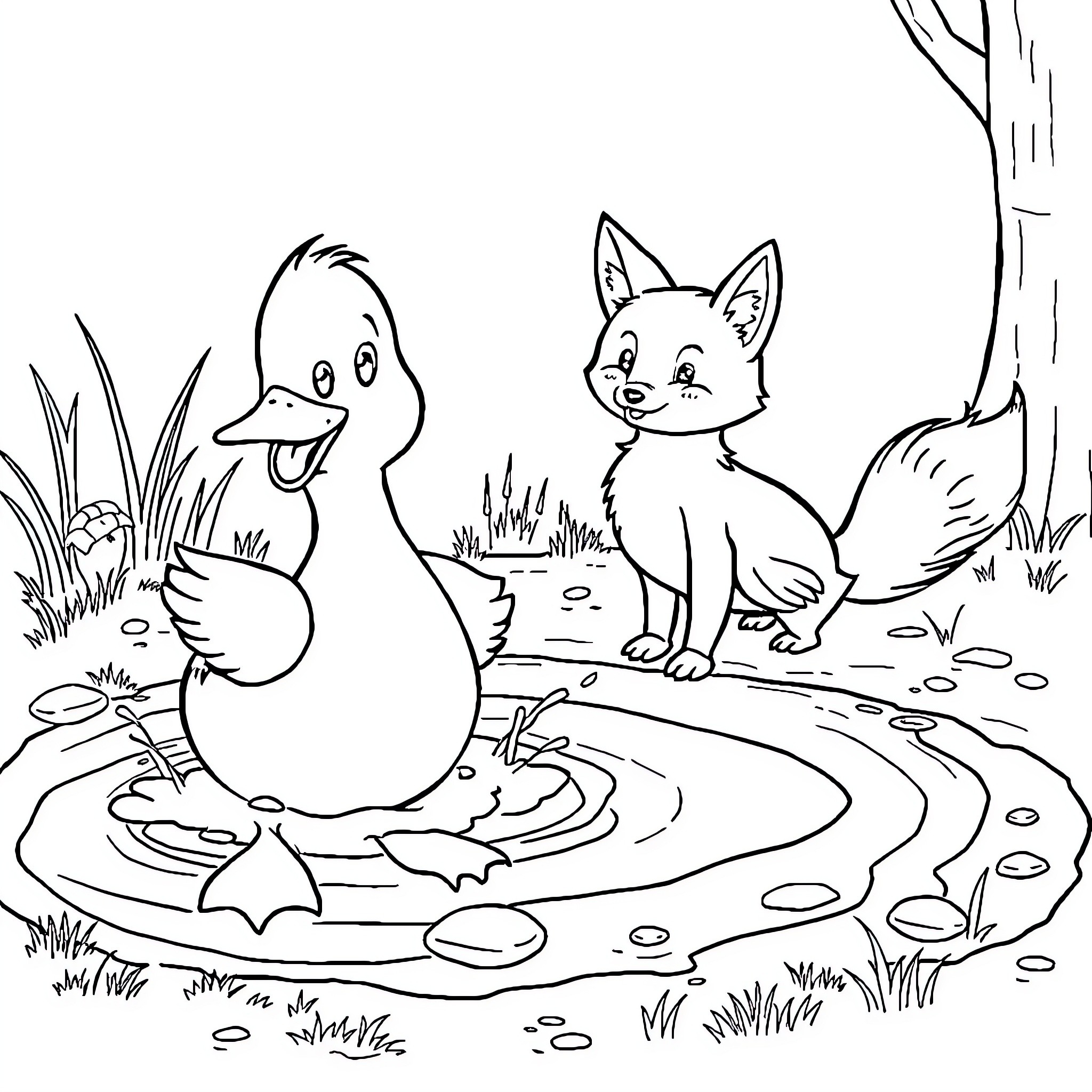 Duck and Curious Kitten Exploring Nature Coloring Page (free black-and-white line drawing printable PDF for all, from beginners to advanced learners, including children, teens, adults, and seniors)