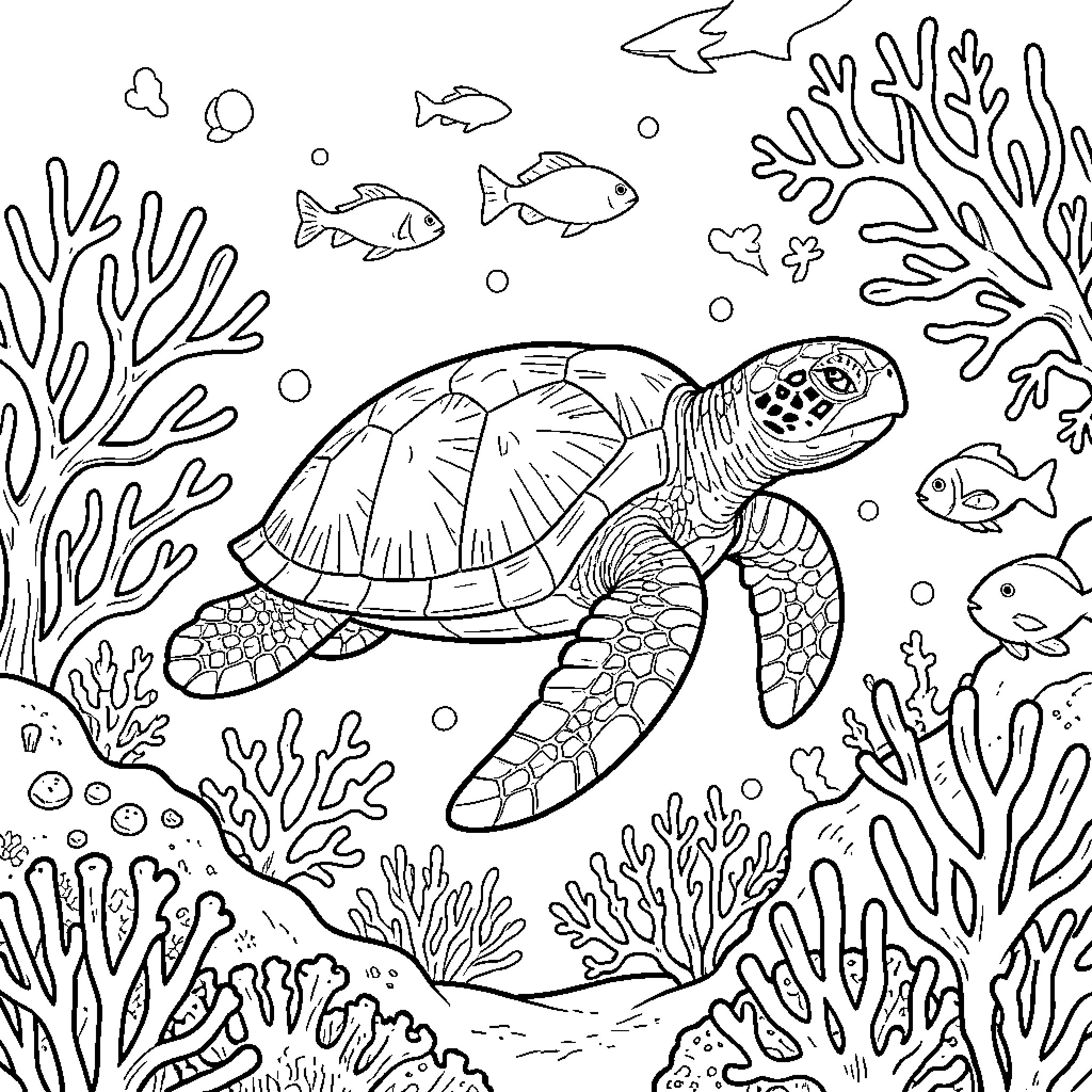 Turtle swimming gracefully through a coral reef Coloring Page (free black-and-white line drawing printable PDF for all, from beginners to advanced learners, including children, teens, adults, and seniors)