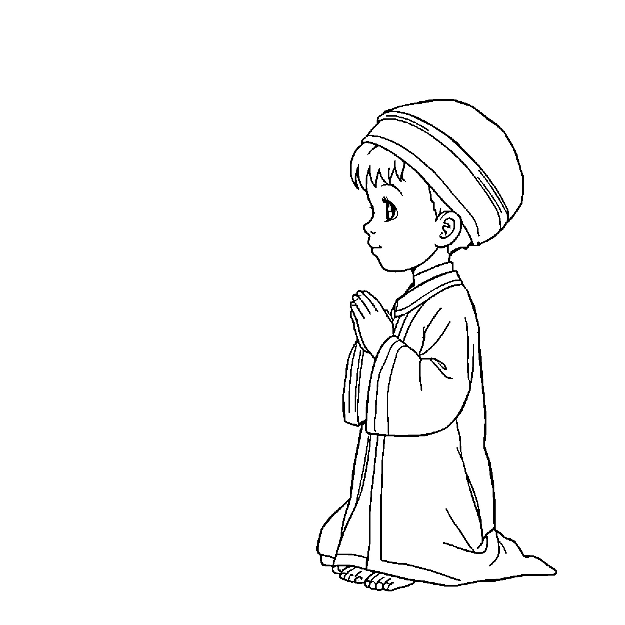 Child praying in religious garb Coloring Page (free black-and-white line drawing printable PDF for all, from beginners to advanced learners, including children, teens, adults, and seniors)
