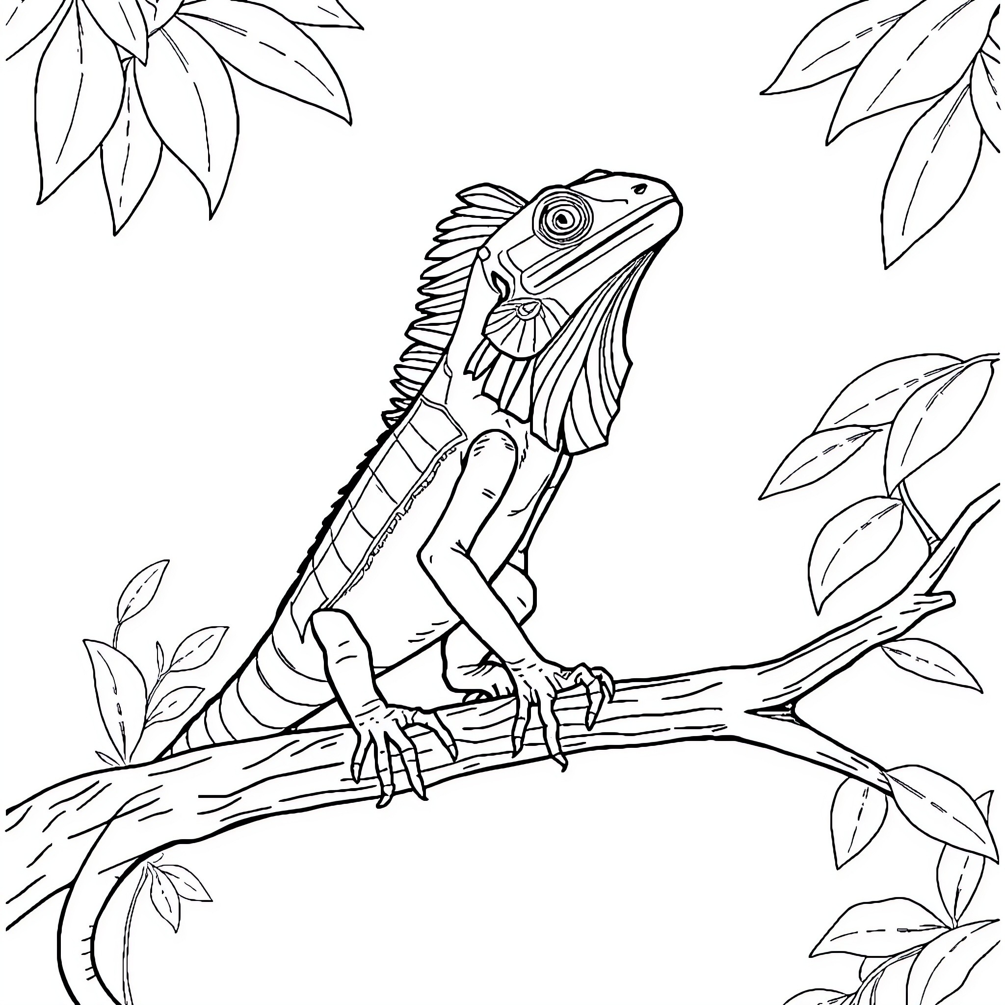 Lizard perched on branch with foliage Coloring Page (free black-and-white line drawing printable PDF for all, from beginners to advanced learners, including children, teens, adults, and seniors)