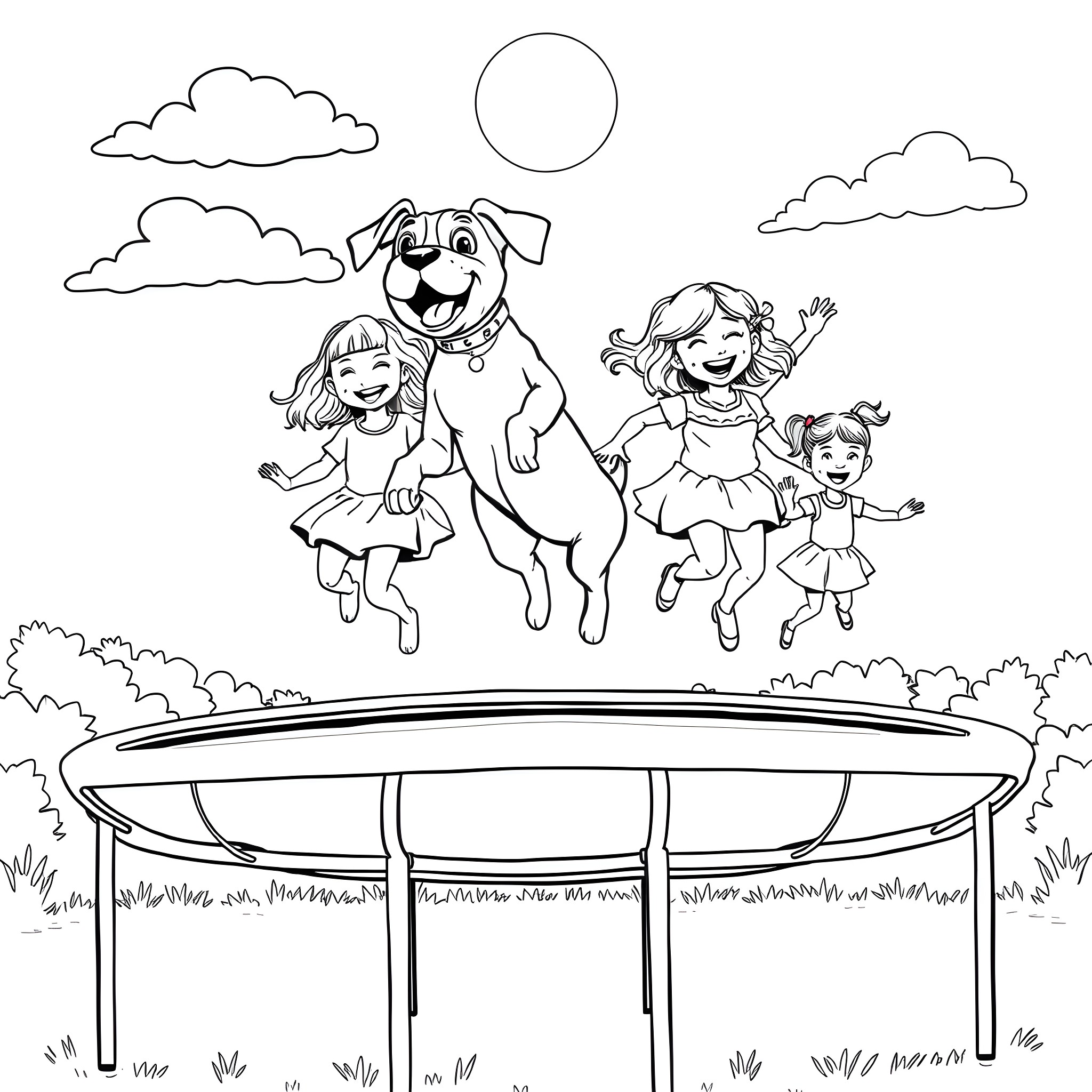 Boxer and children playing happily on trampoline Coloring Page (free black-and-white line drawing printable PDF for all, from beginners to advanced learners, including children, teens, adults, and seniors)