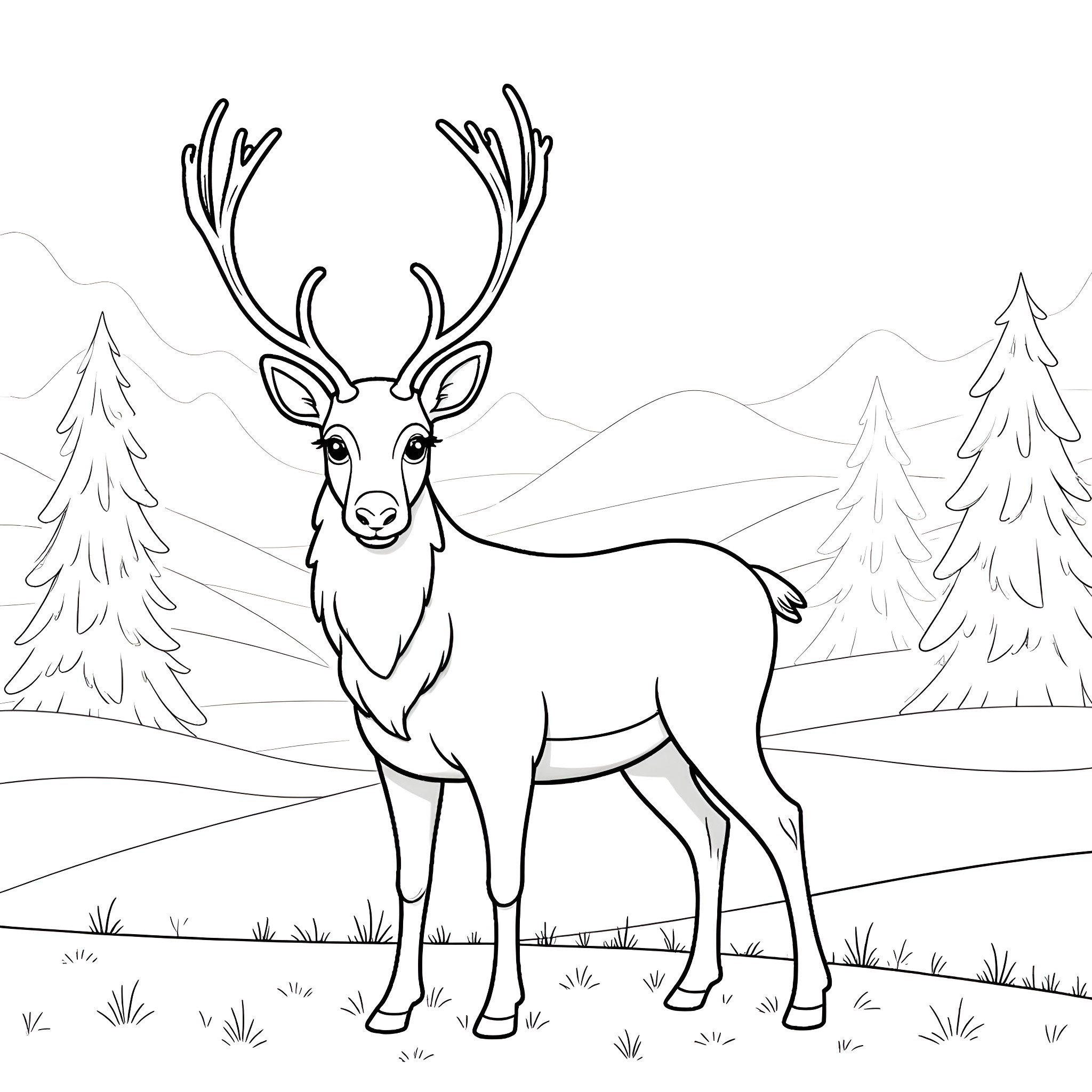 Reindeer standing in a snowy forest Coloring Page (free black-and-white line drawing printable PDF for all, from beginners to advanced learners, including children, teens, adults, and seniors)