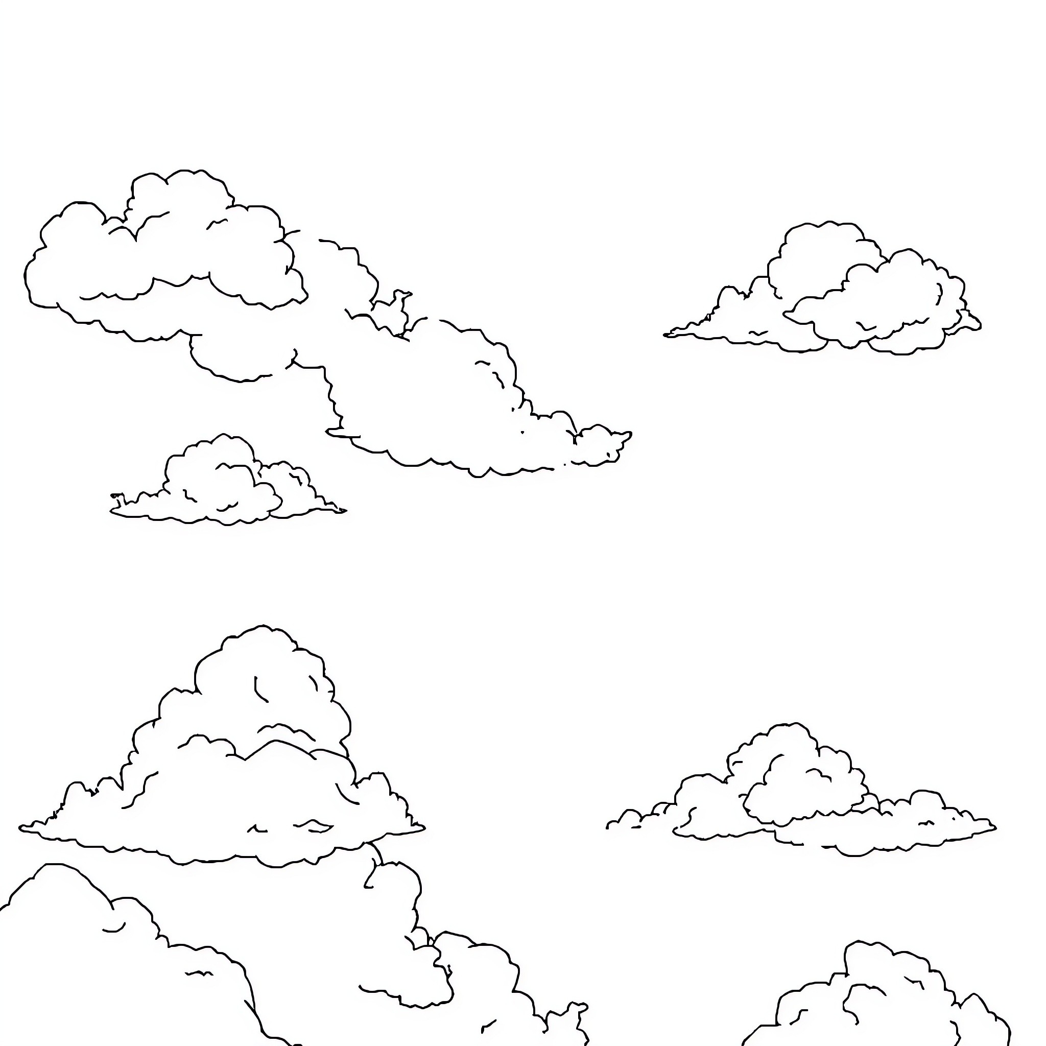 Cloud formations in the sky Coloring Page (free black-and-white line drawing printable PDF for all, from beginners to advanced learners, including children, teens, adults, and seniors)